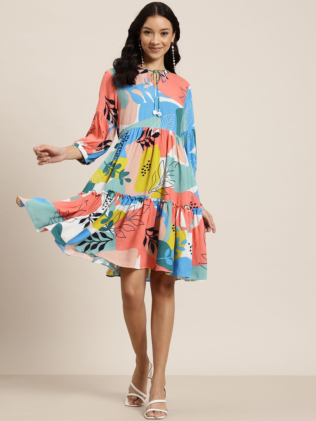 Dhimhi Women's Floral Print Puff Sleeves Tie-Up Neck Tiered Dress