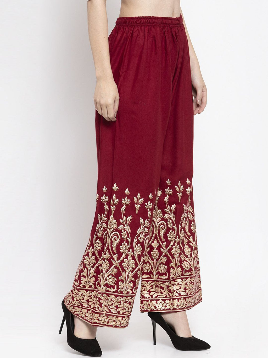 Dhimhi Women's Maroon Printed Wide Leg Palazzos