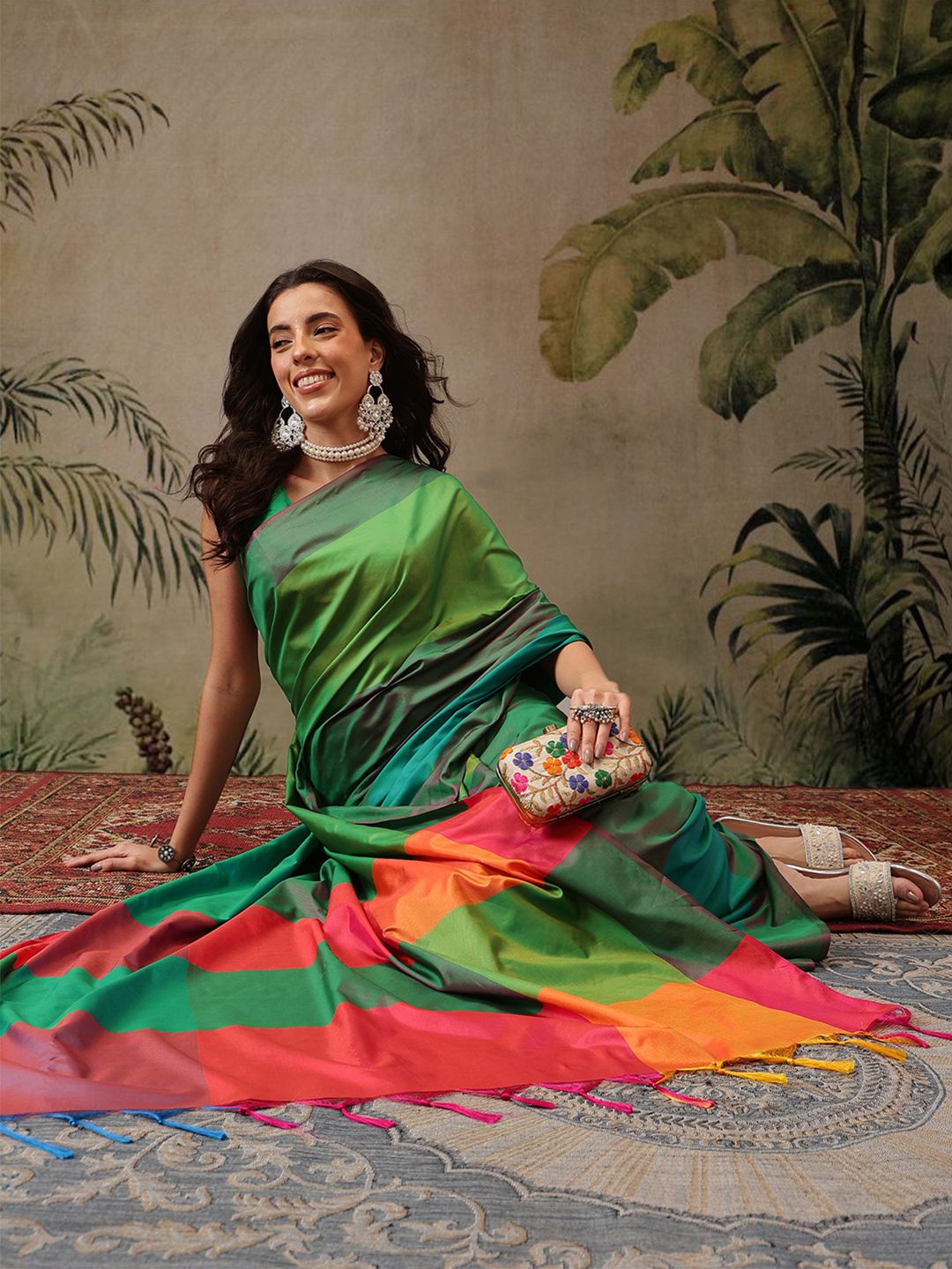 Dhimhi Women's Soft Uppada Silk Arani Colorblock Banarasi Saree