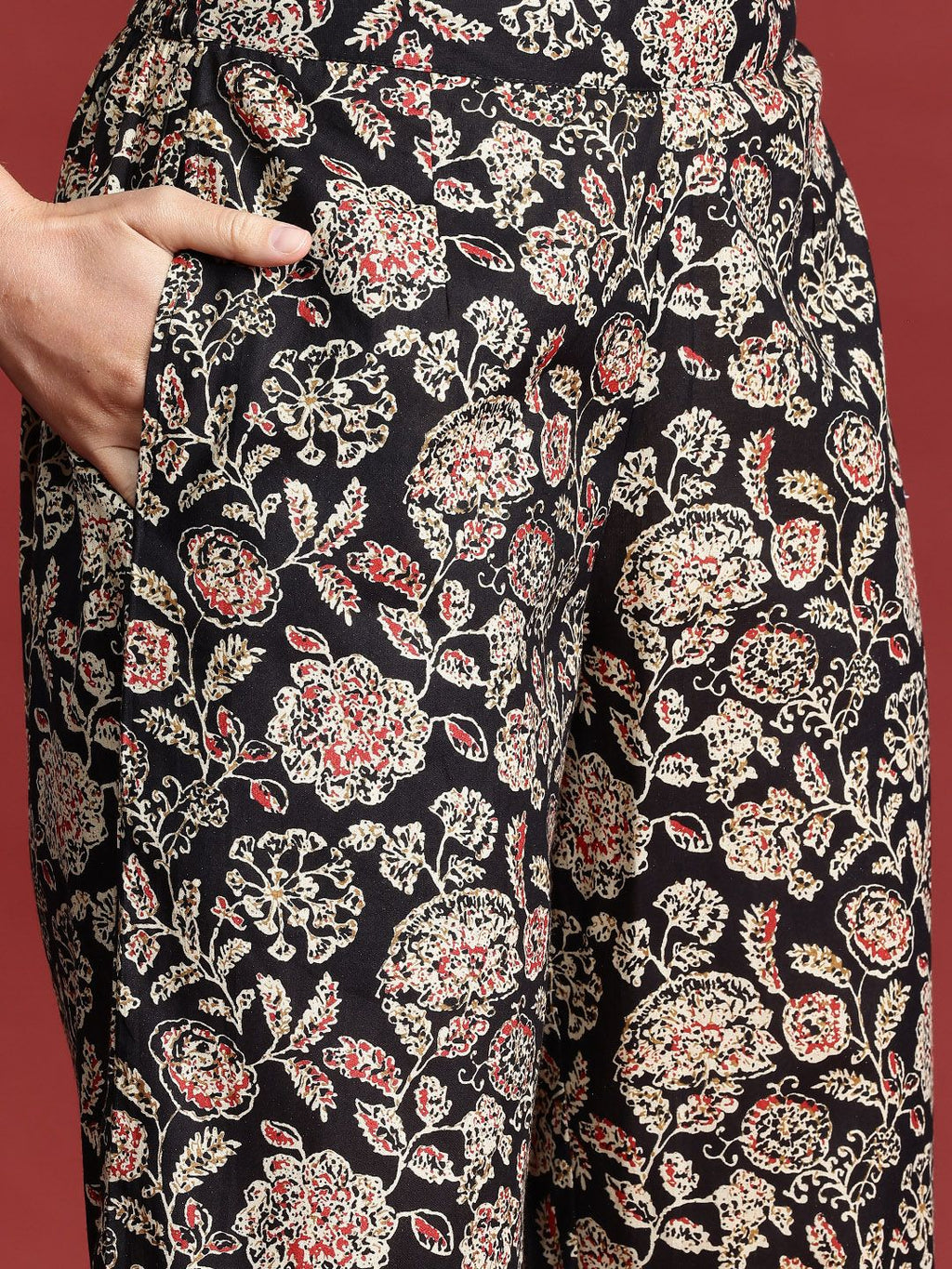 Dhimhi Women's Floral Print Cotton High-Low Kurta with Trousers