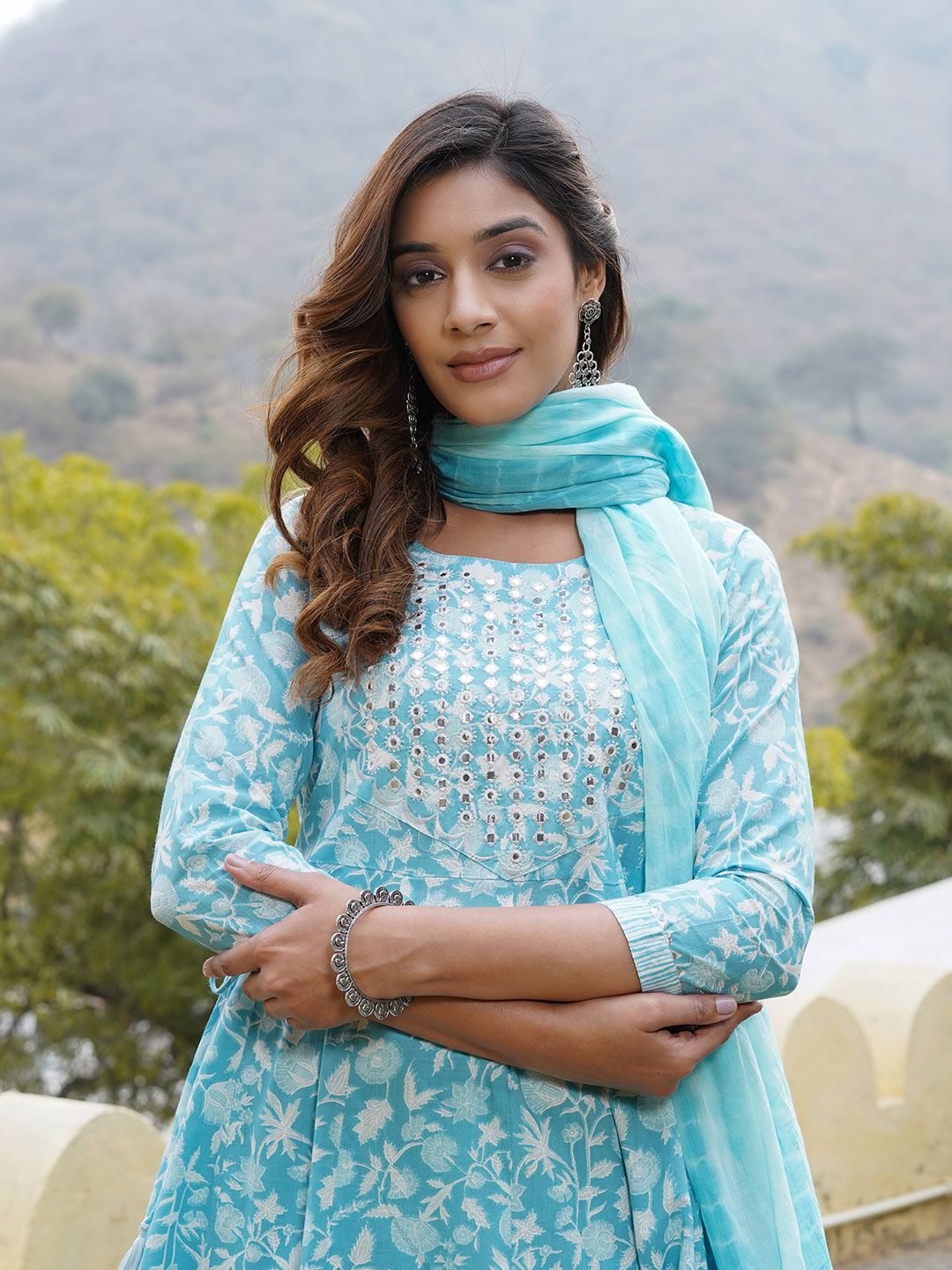 Dhimhi Women's Floral Printed Regular Mirror Work Pure Cotton Kurta with Trousers & With Dupatta