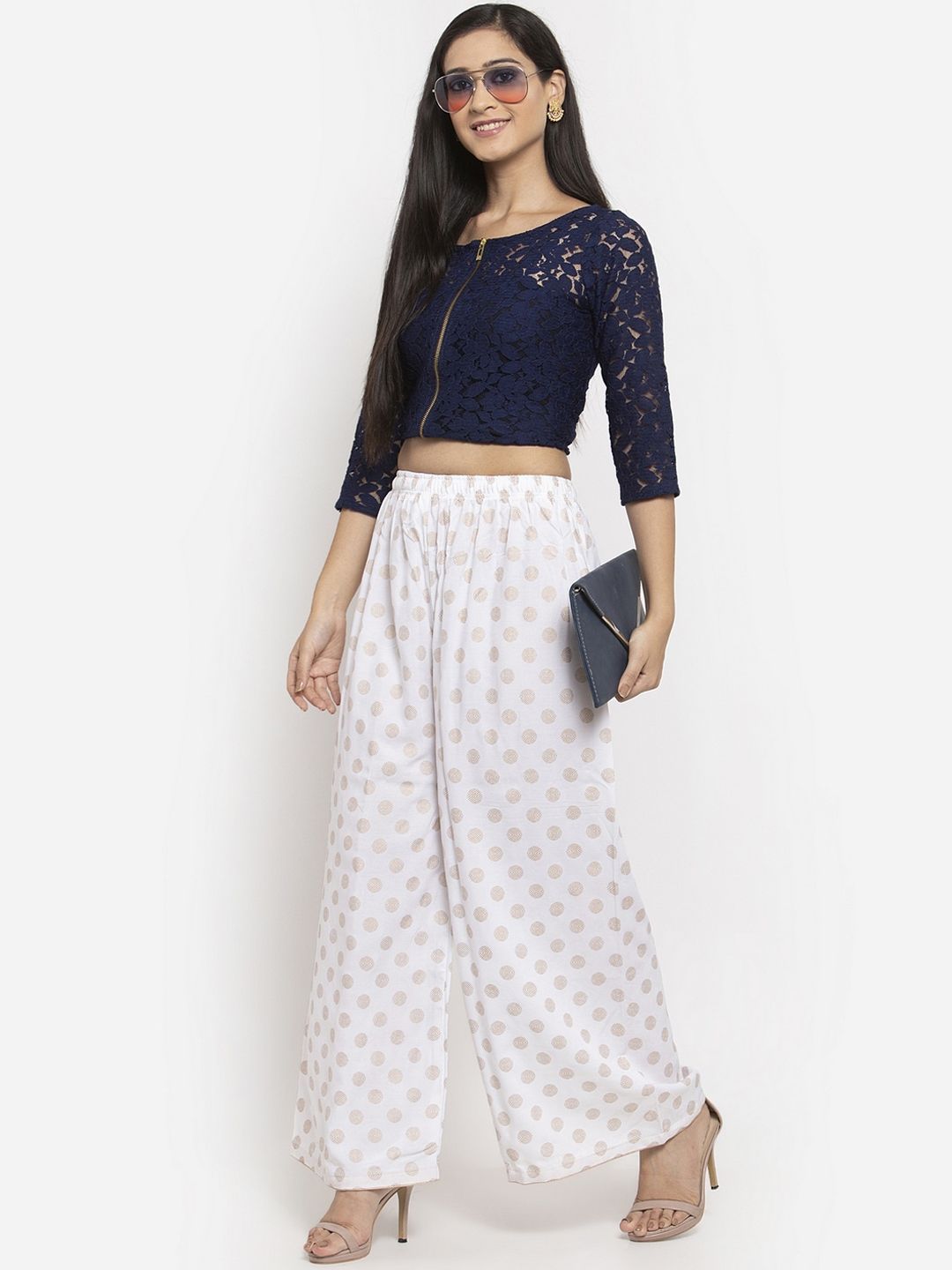 Dhimhi Women's White Printed Wide Leg Palazzos