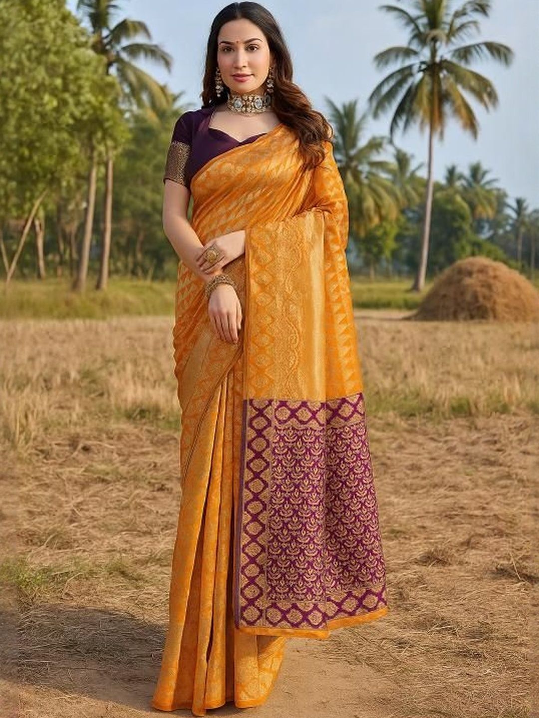 Dhimhi Women's Orange Woven Design Silk Cotton Kanjeevaram Sarees