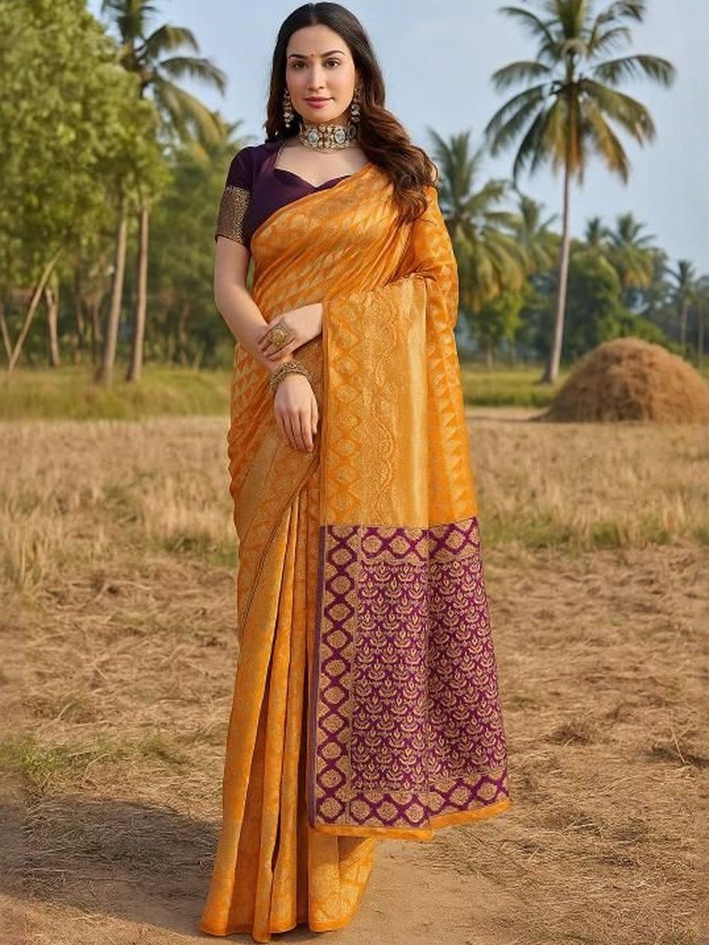 Dhimhi Women's Orange Woven Design Silk Cotton Kanjeevaram Sarees