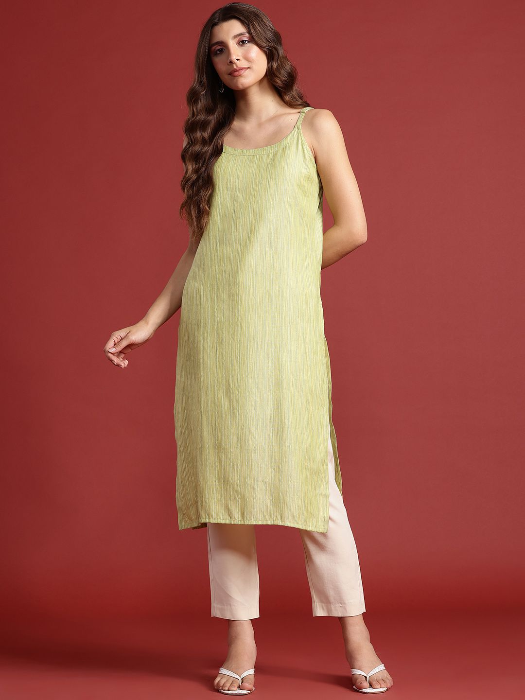 Shoulder Straps Woven Design Striped Straight Kurta