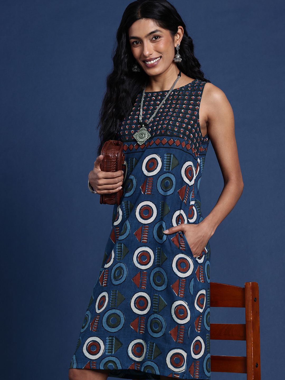 Dhimhi Women's Geometric Printed A-Line Indigo Ethnic Dress