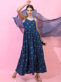 Dhimhi Women's Teal Printed Strappy Gathered Maxi Dress With Dupatta