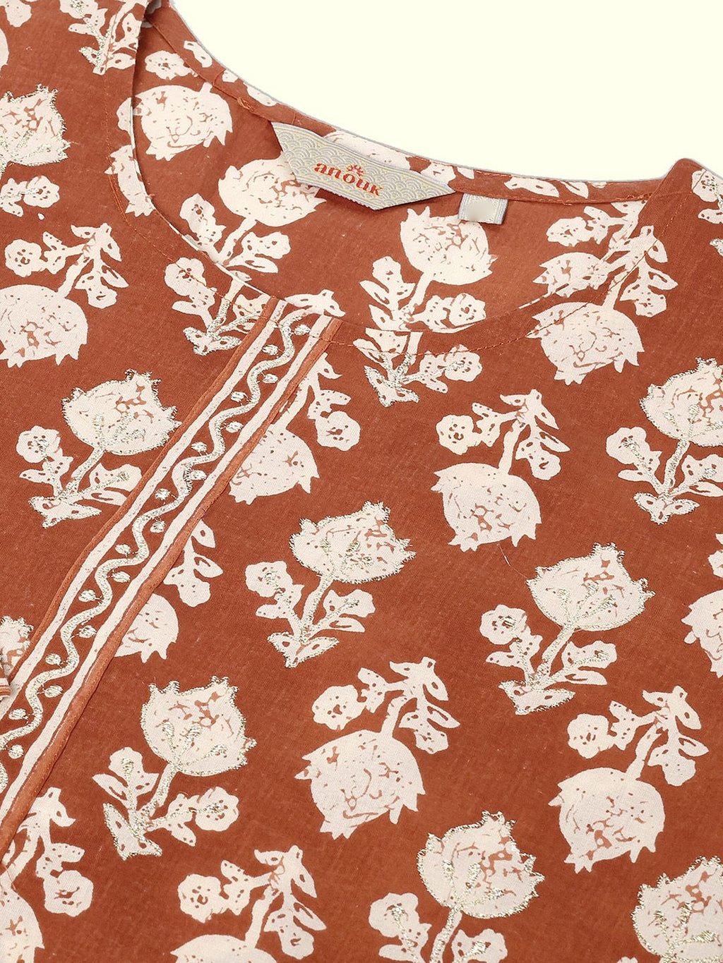 Dhimhi Women's Rust Brown Ethnic Motif Printed Cotton Straight Kurta With Trousers & Dupatta