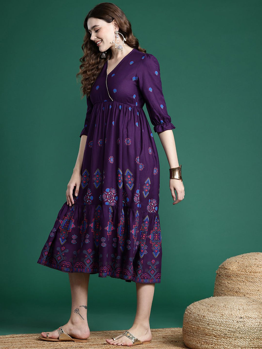 Dhimhi Women's Printed Gotta Patti Midi Empire Dress