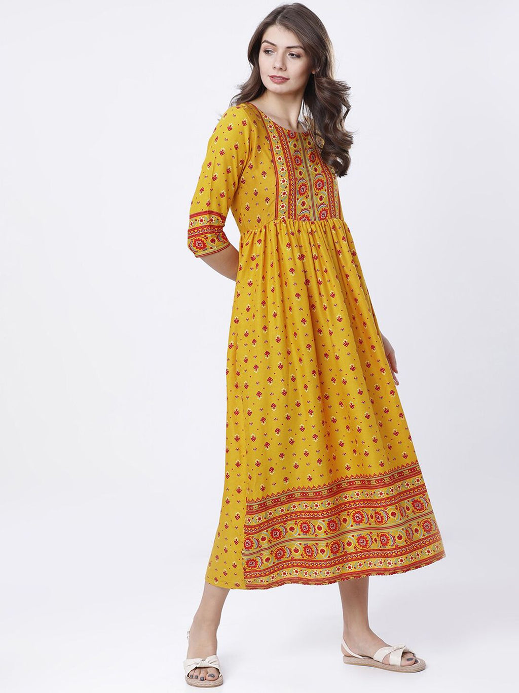 Dhimhi Women's Mustard Yellow Printed A-Line Dress
