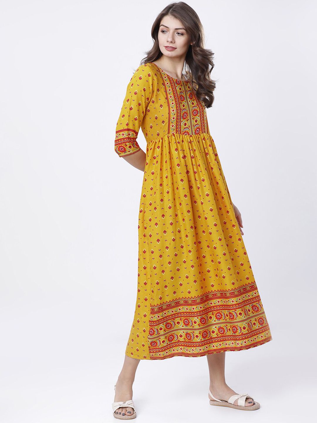Dhimhi Women's Mustard Yellow Printed A-Line Dress