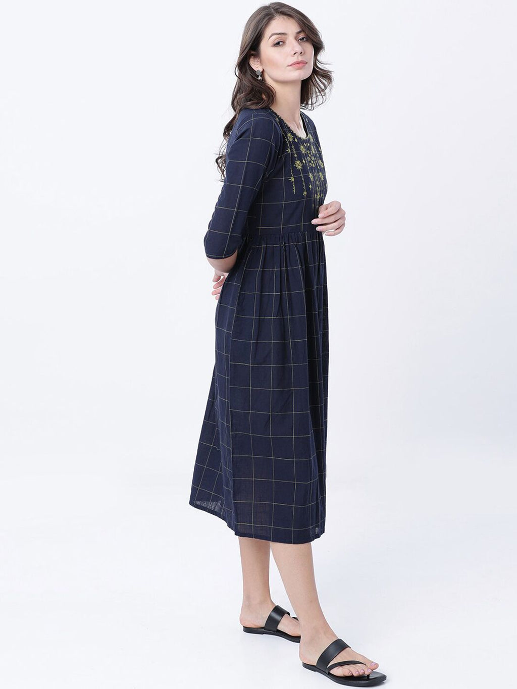 Dhimhi Women's Navy Blue Checked Empire Dress