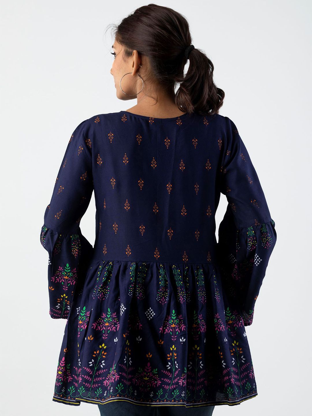 Dhimhi Women's Blue Floral Print Tie-Up Neck Indigo Empire Top