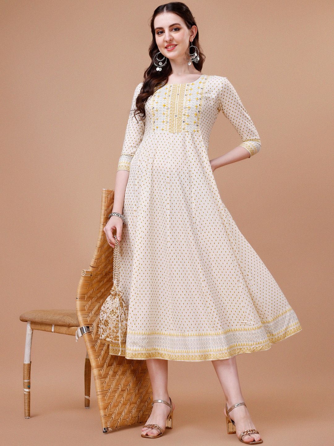 Dhimhi Women's Floral Printed Mirror Work Fit & Flare Midi Ethnic Dress