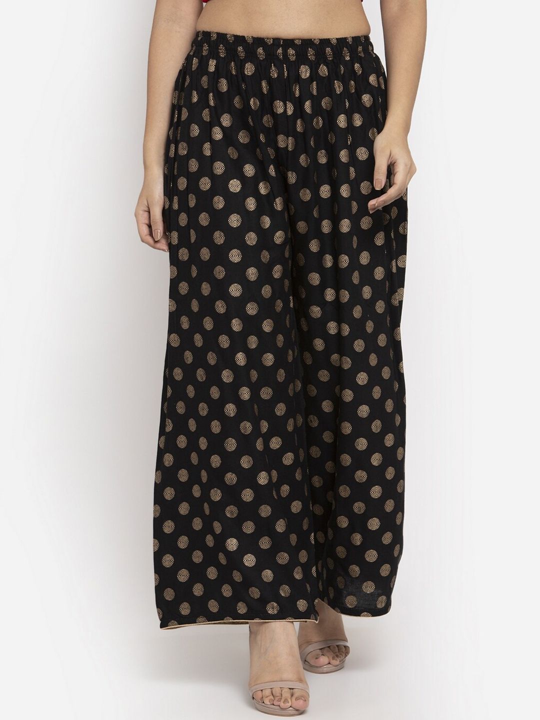 Dhimhi Women's Black & Gold-Toned Polka Dot Print Wide Leg Palazzos