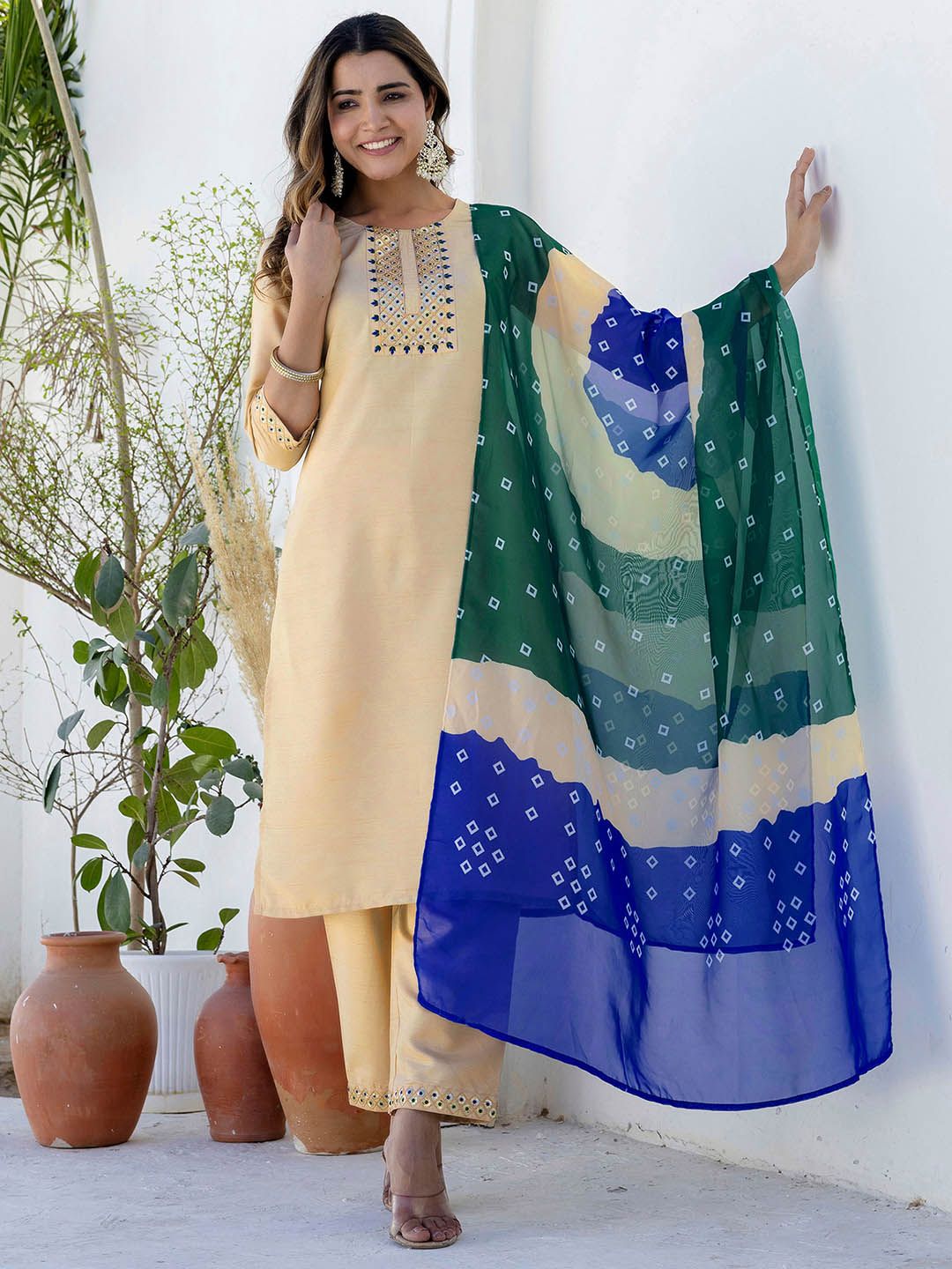 Dhimhi Women's Ethnic Embroidered Sequinned Straight Kurta With Trousers & Dupatta