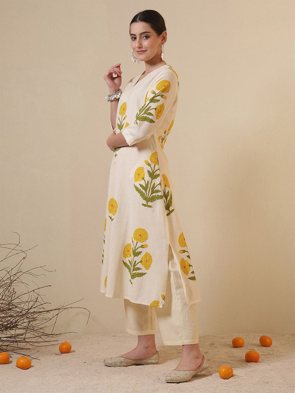 Dhimhi Women's Ethnic Motifs Printed Regular Pure Cotton Kurta with Palazzos Kurta Sets