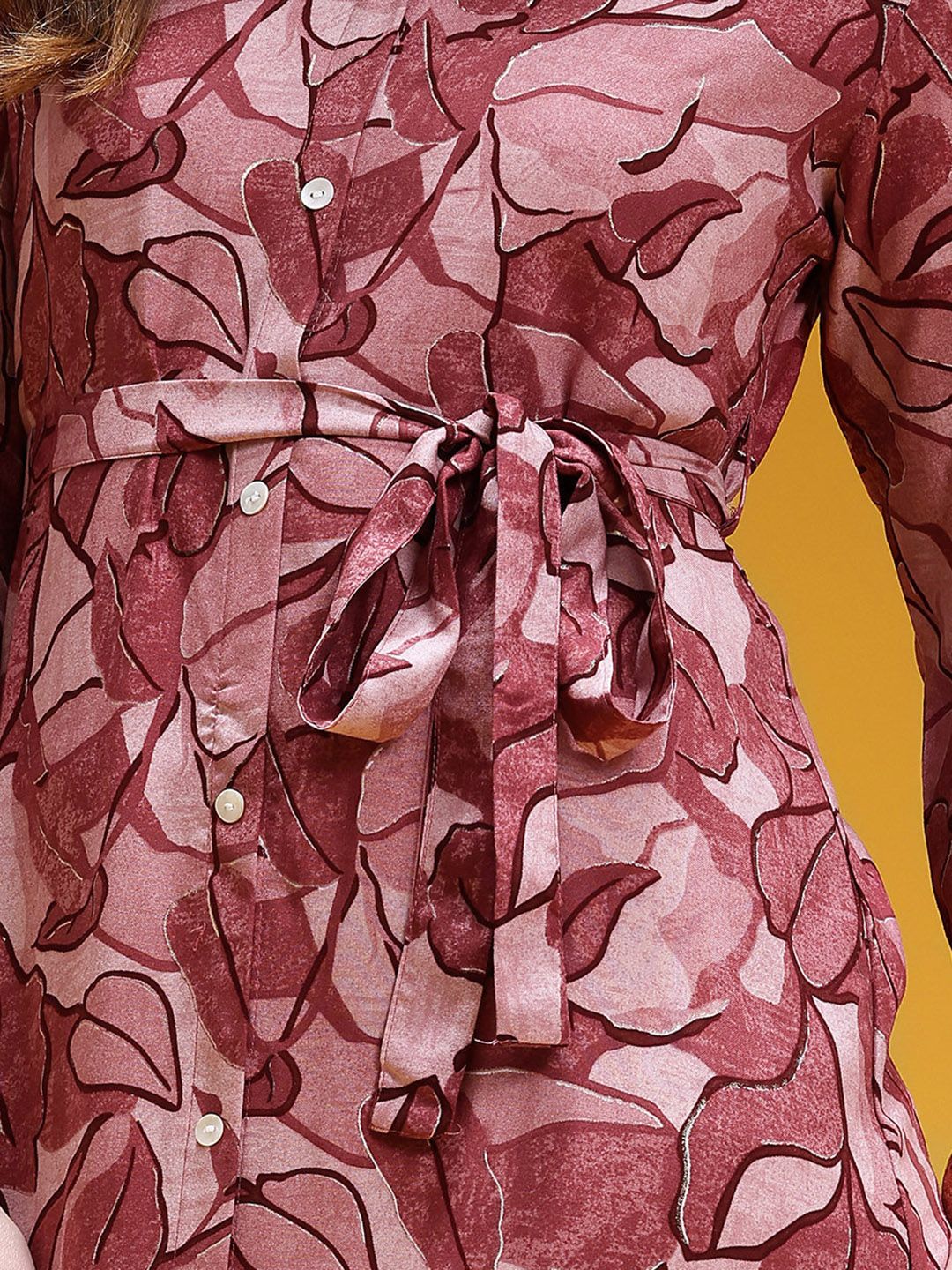 Dhimhi Women's Abstract Print Belted Shirt Midi Ethnic Dress