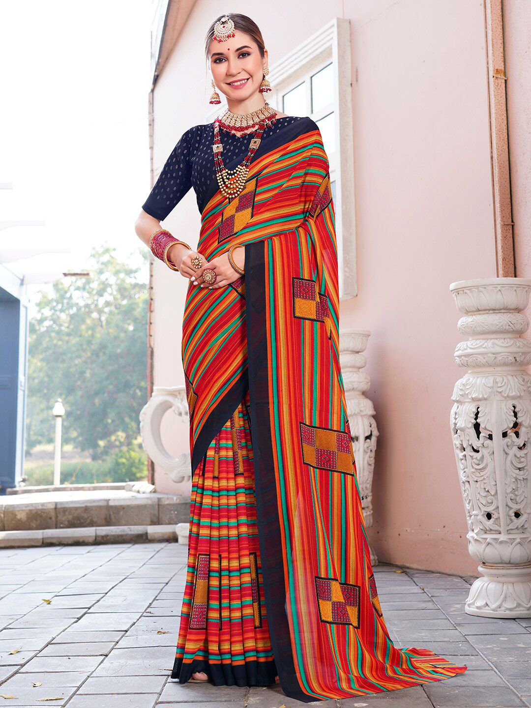 Dhimhi Women's Orange Geometric Printed Saree