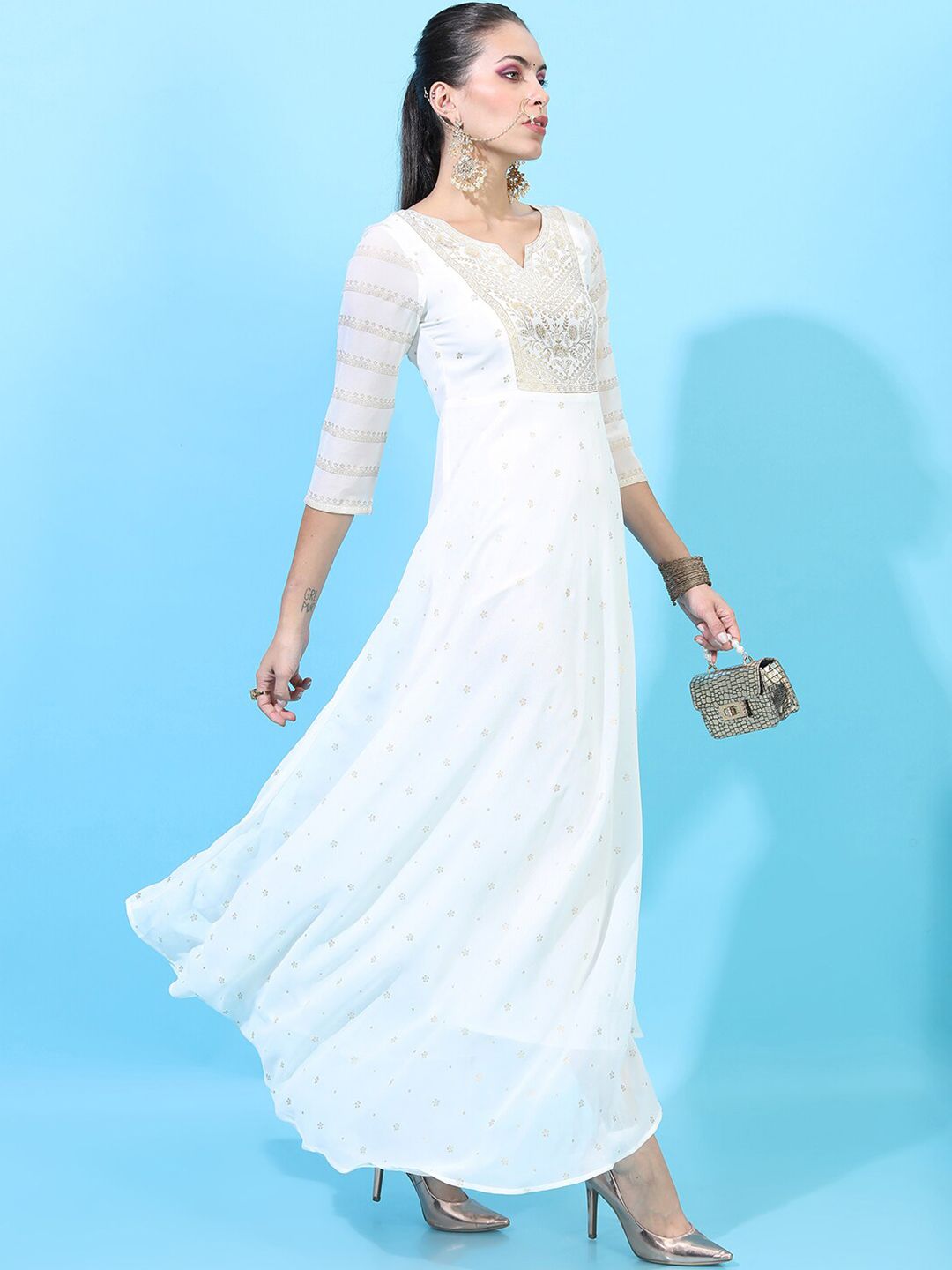 Dhimhi Women's White Floral Ethnic Maxi Dress with Dupatta