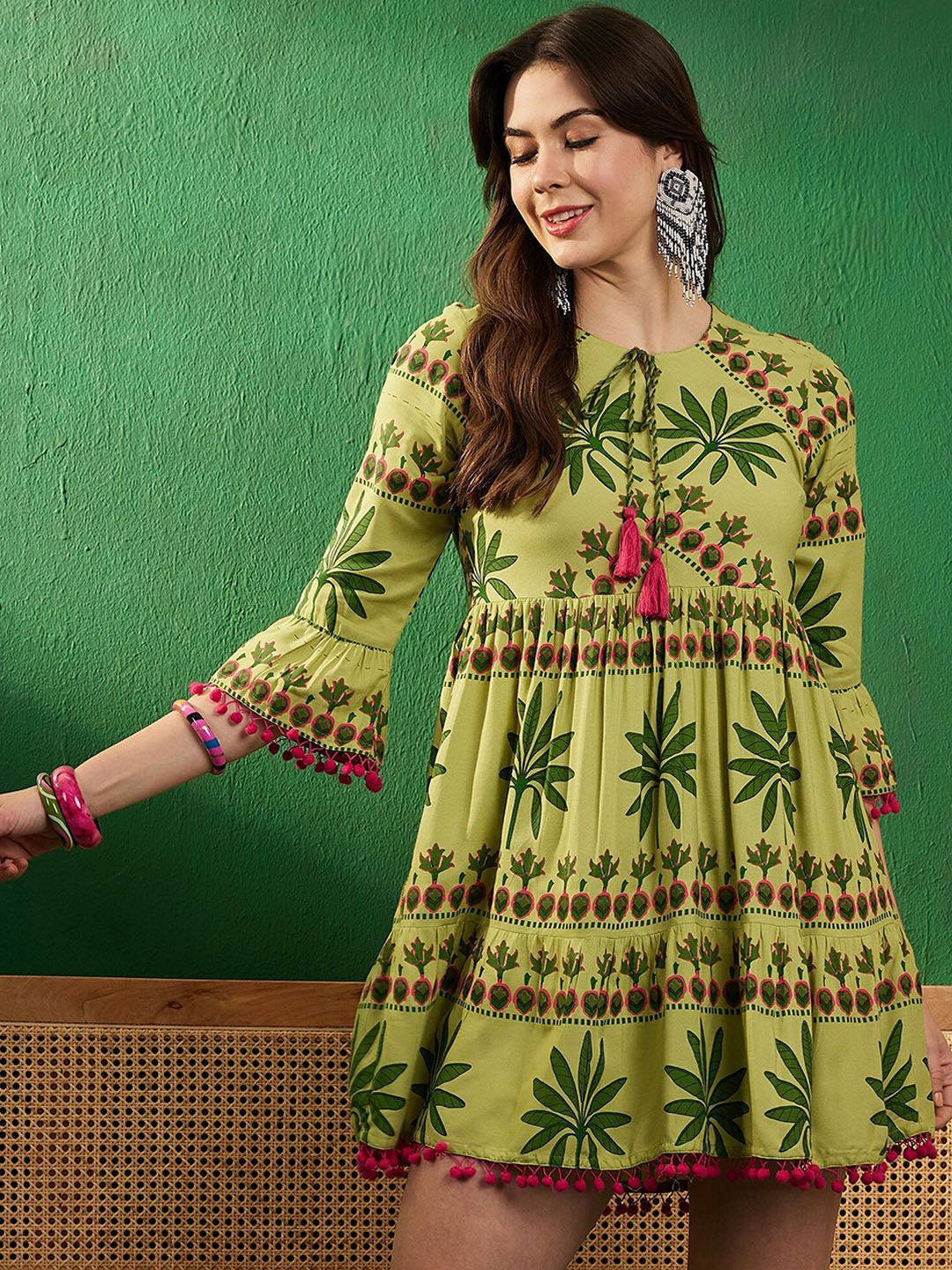 Dhimhi Women's Printed Pure Cotton Fit & Flare Mini Ethnic Dress