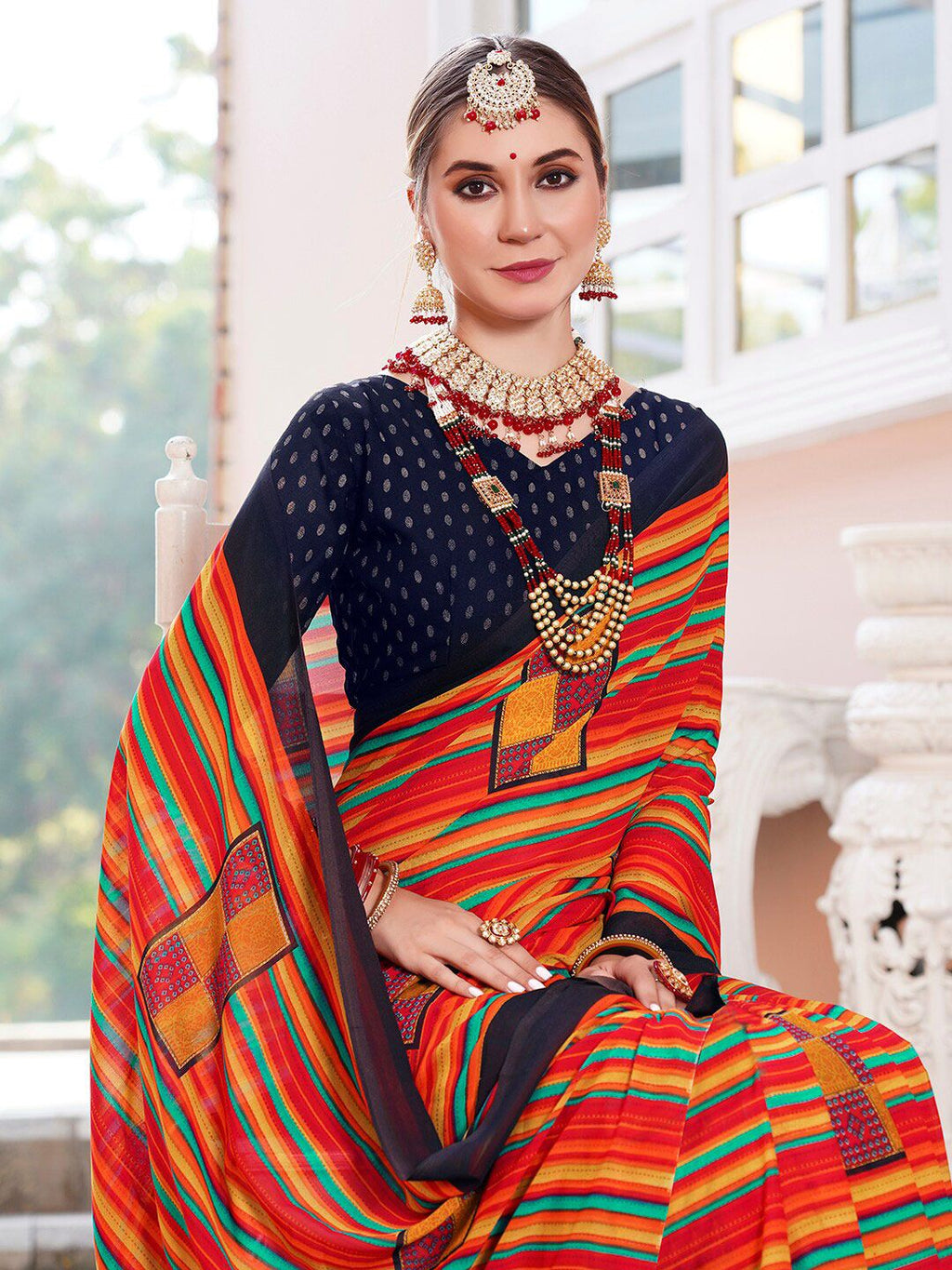 Dhimhi Women's Orange Geometric Printed Saree