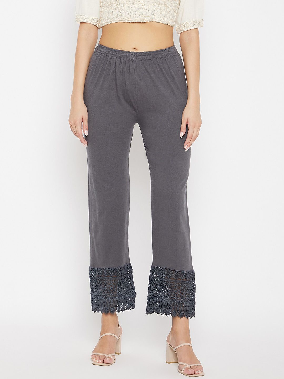 Dhimhi Women's Grey Hem Design Knitted Palazzos