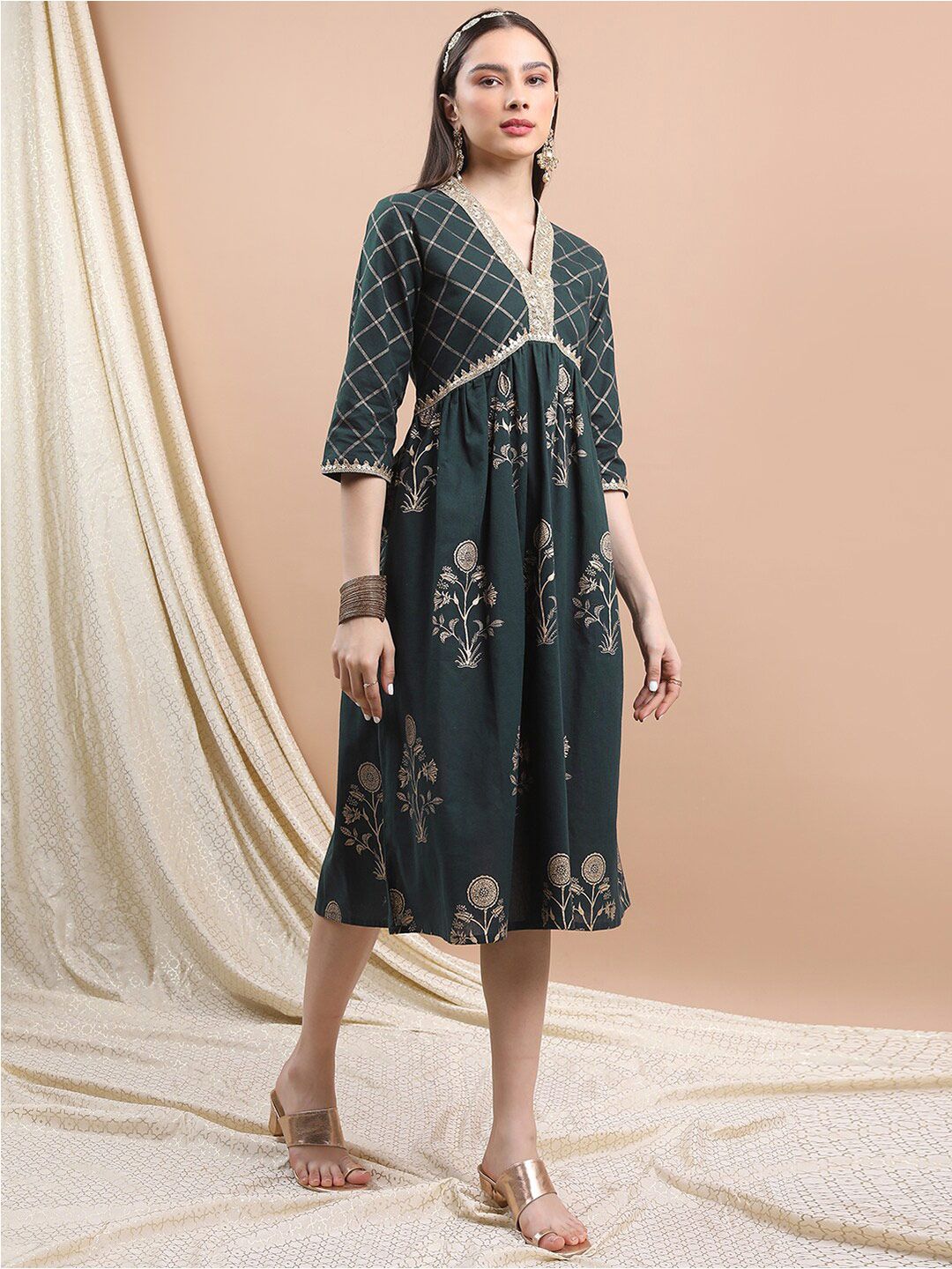 Dhimhi Women's V-Neck Floral Printed Sequined Fit & Flare Ethnic Dress