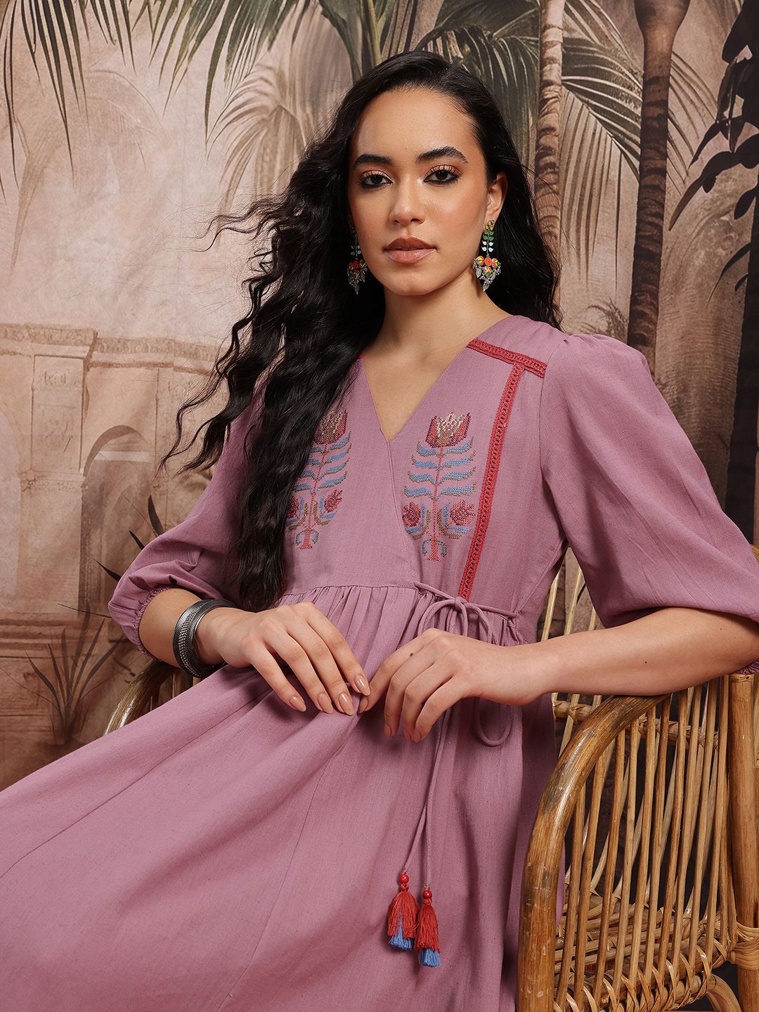 Dhimhi Women's Ethnic Motifs Embroidered Wrap-Style Ethnic Dress