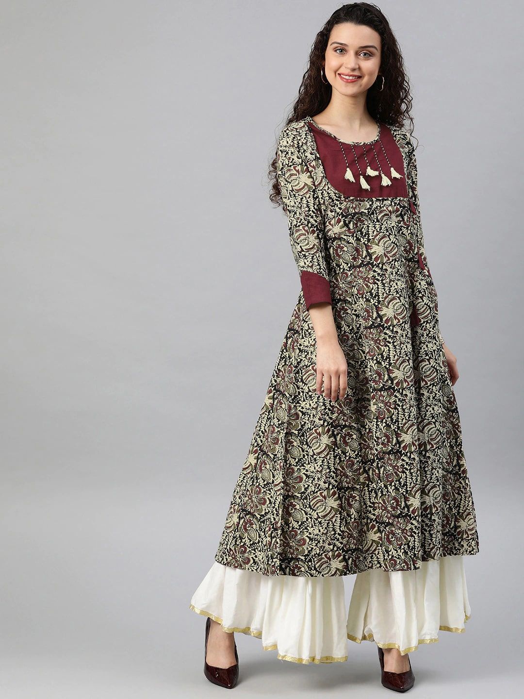 Round Neck Floral Printed Cotton Anarkali Kurta