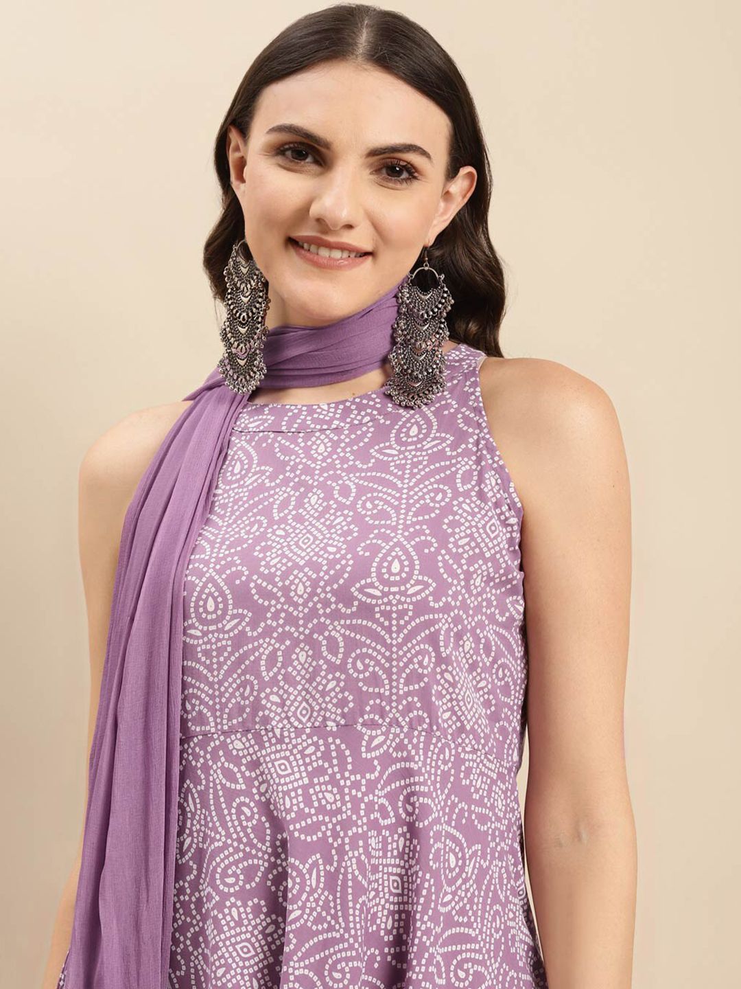 Dhimhi Women's Bandhani Printed Round Neck Empire Pure Cotton Kurta with Trouser