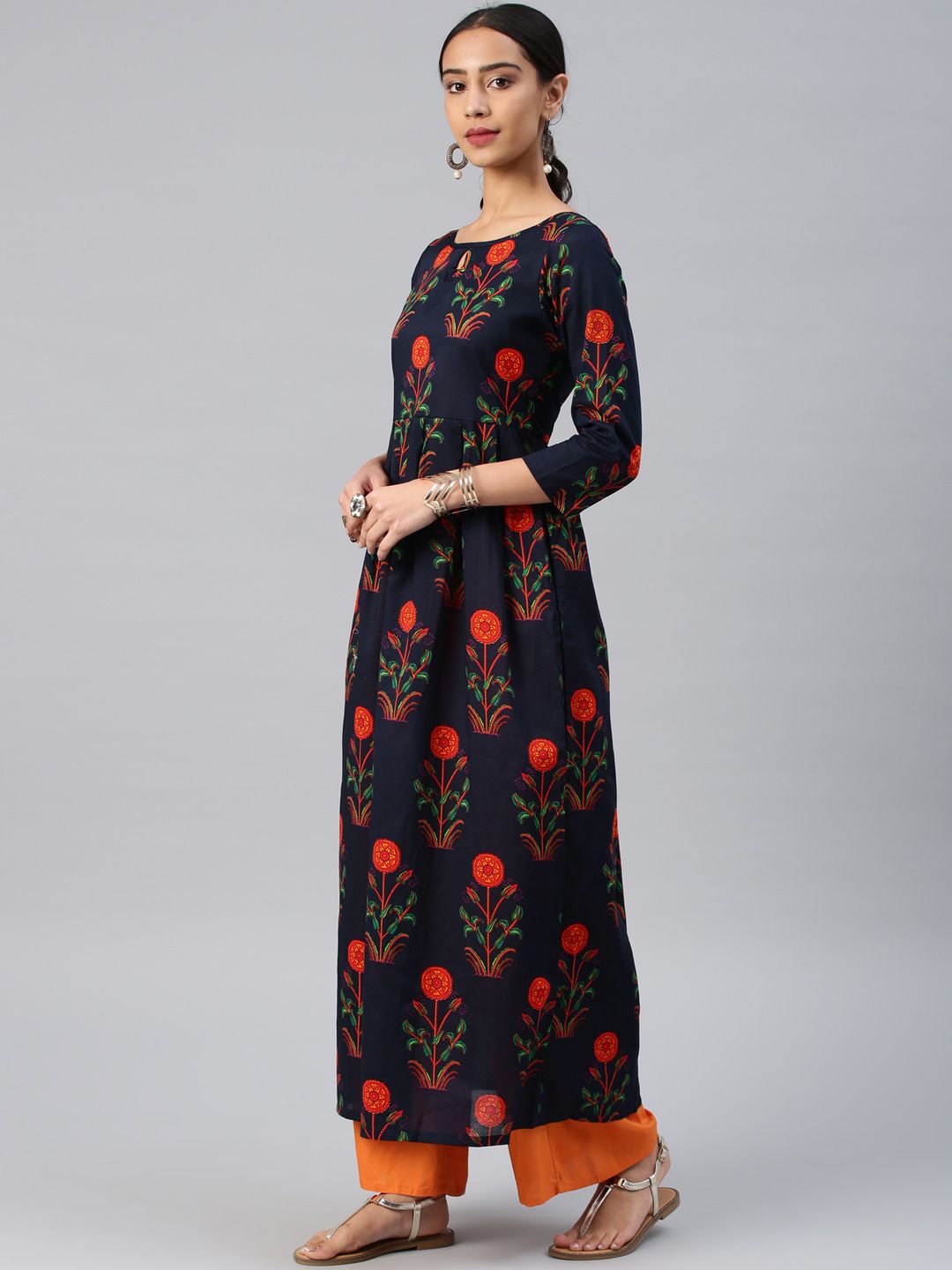 Dhimhi Women's Navy Blue Printed Fit and Flare Dress