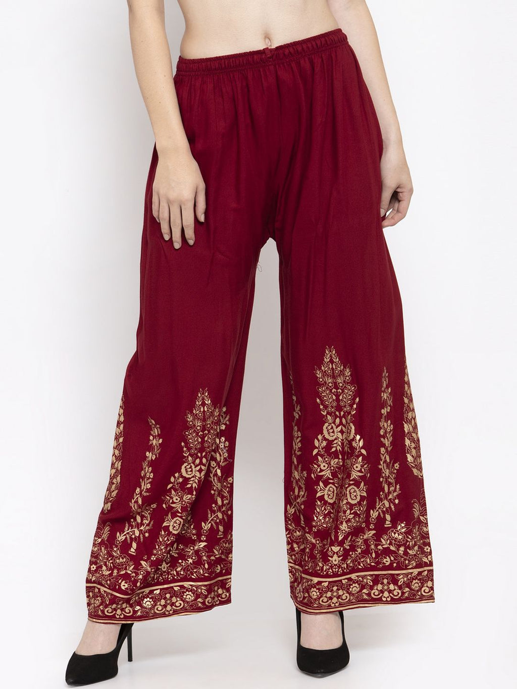 Dhimhi Women's Maroon Printed Wide Leg Palazzos