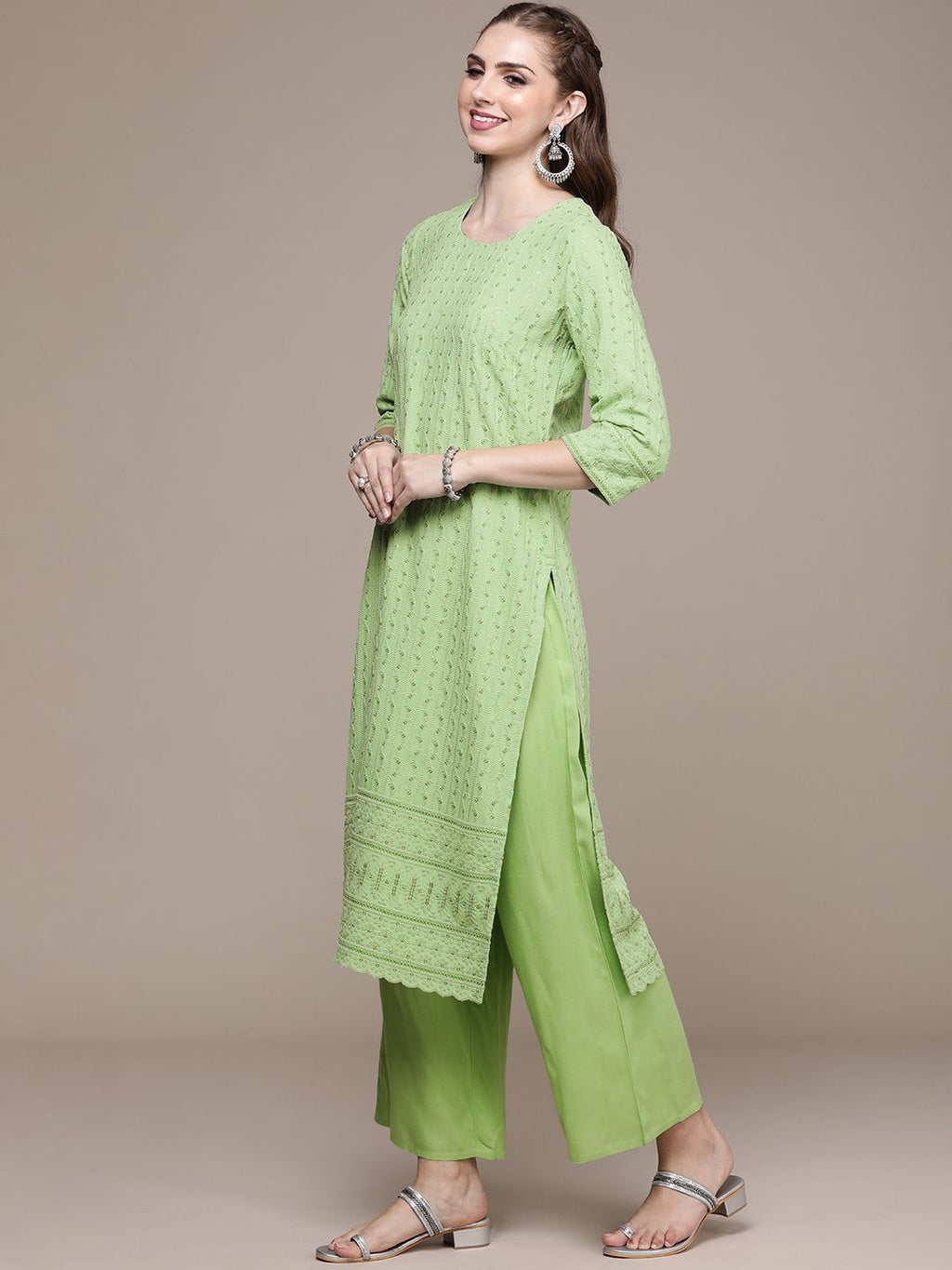 Dhimhi Women's Ethnic Motifs Embroidered Sequinned Kurta With Palazzos - dhimhi