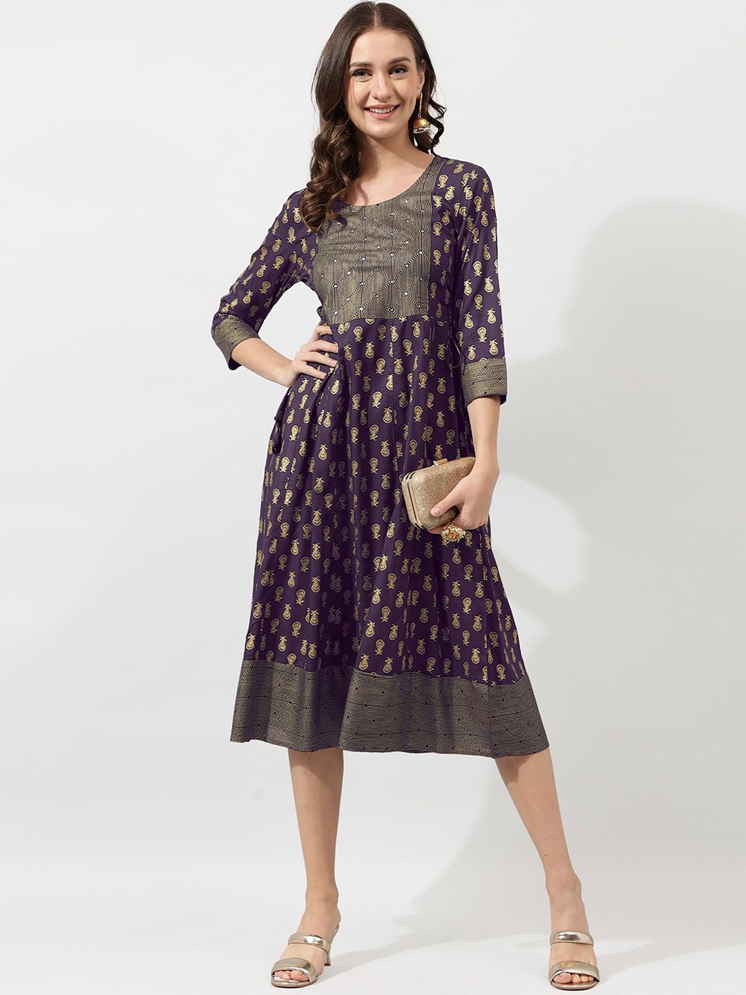 Dhimhi Women's Purple Ethnic Motifs A-line Ethnic Dress