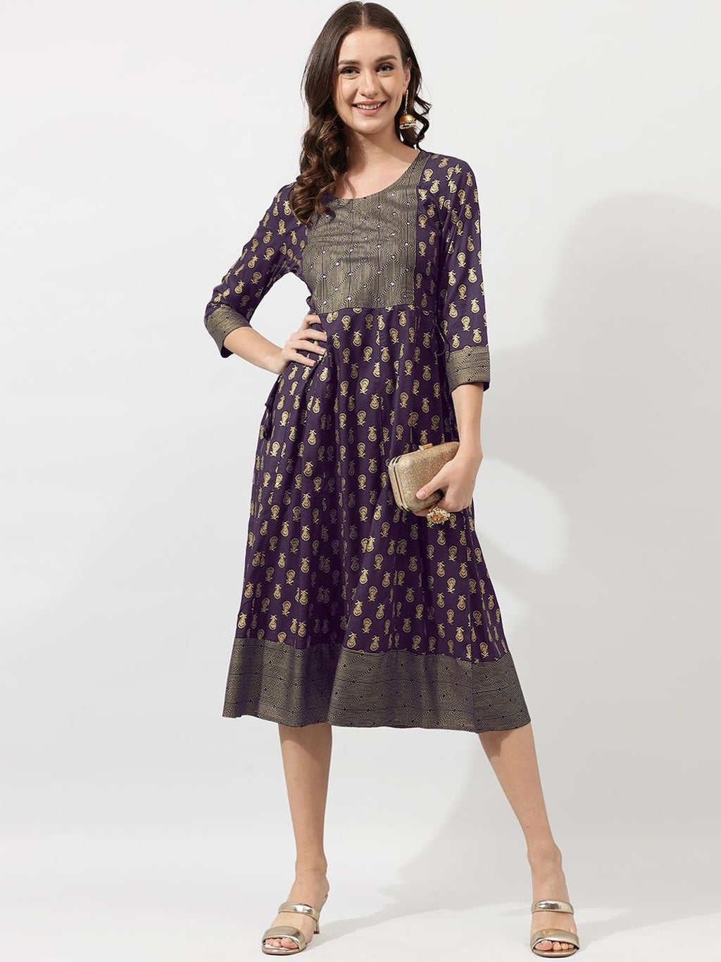 Dhimhi Women's Purple Ethnic Motifs A-line Ethnic Dress