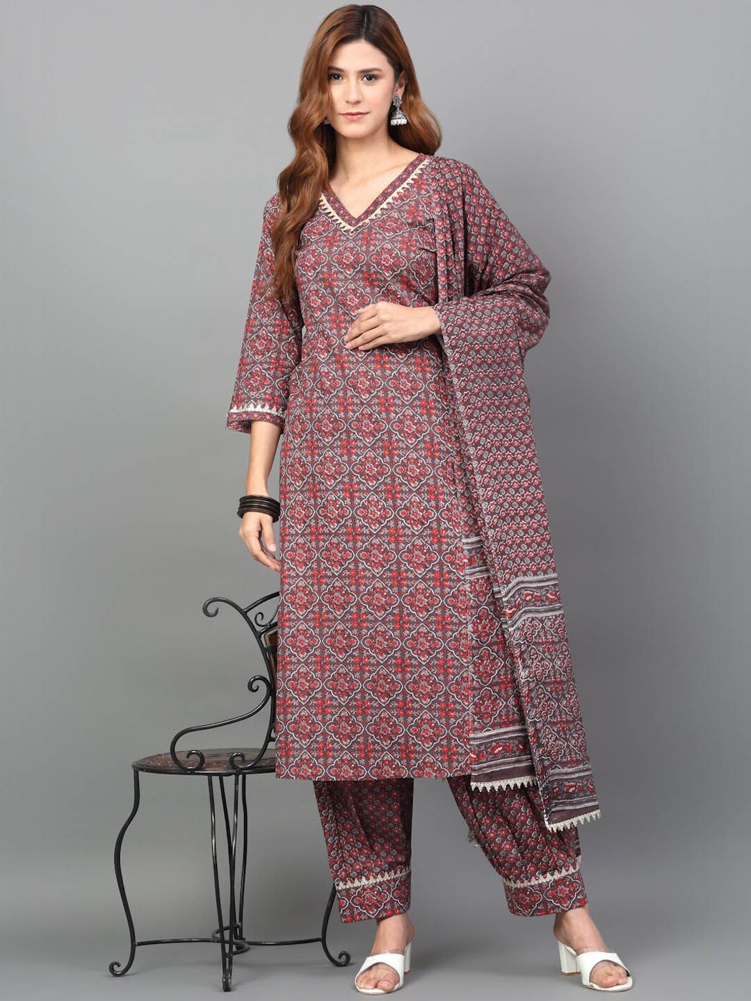 Dhimhi Women's Ethnic Motifs Printed Pure Cotton Kurta with Salwar & Dupatta
