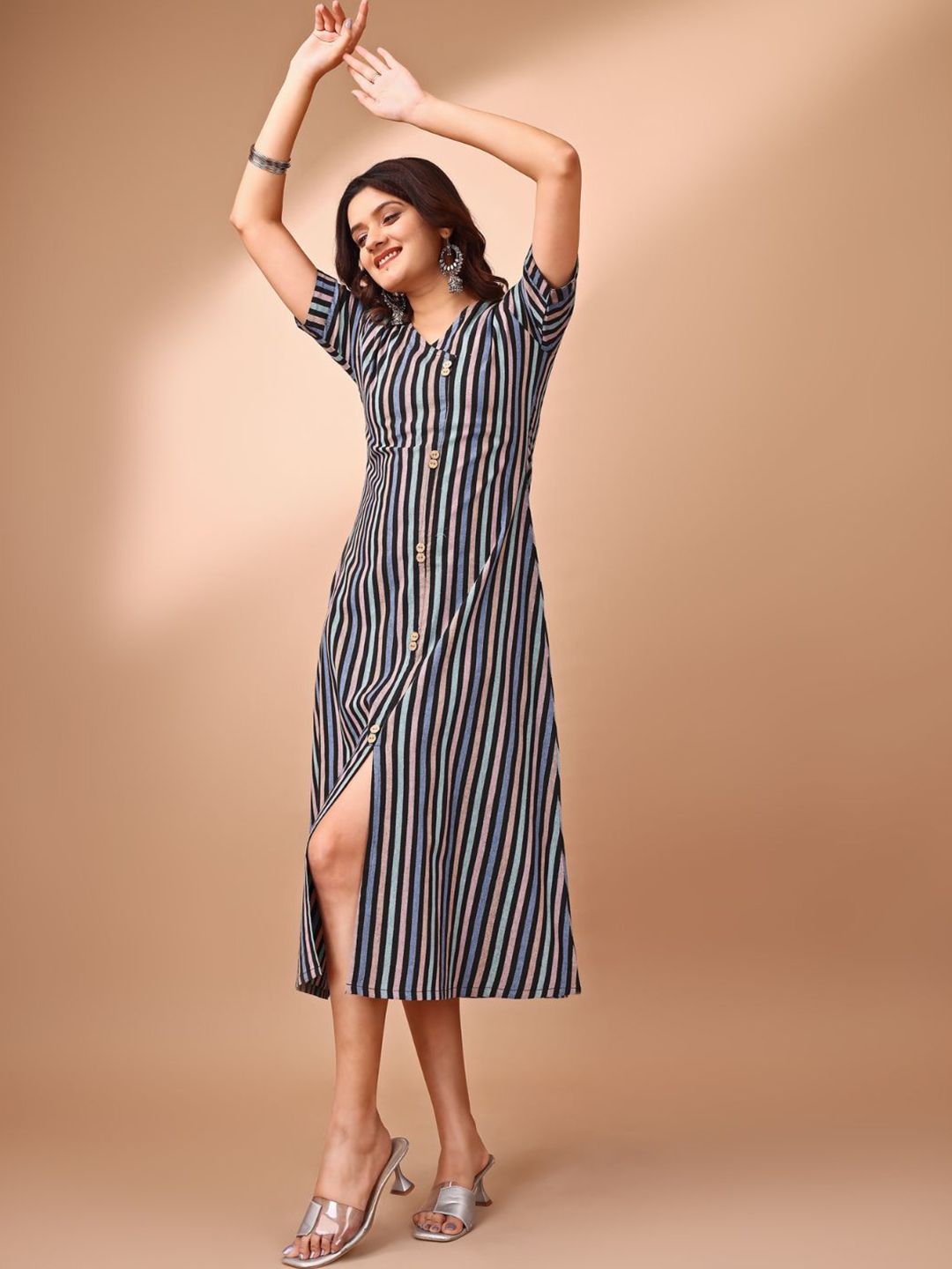 Dhimhi Women's Cotton Striped Front Slit A-Line Dress