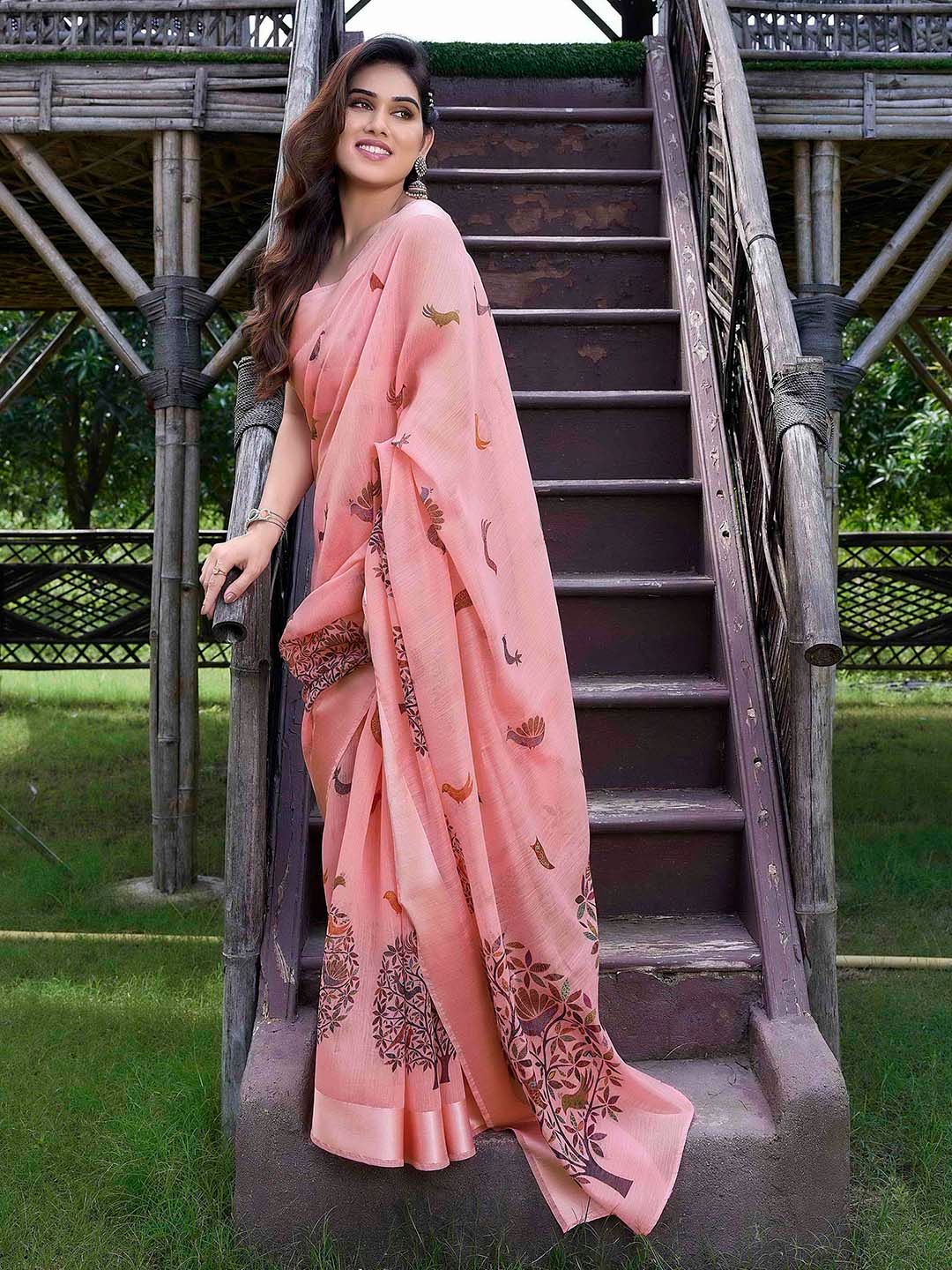 Dhimhi Women's Peach-Coloured & Blue Polycotton Baluchari Saree