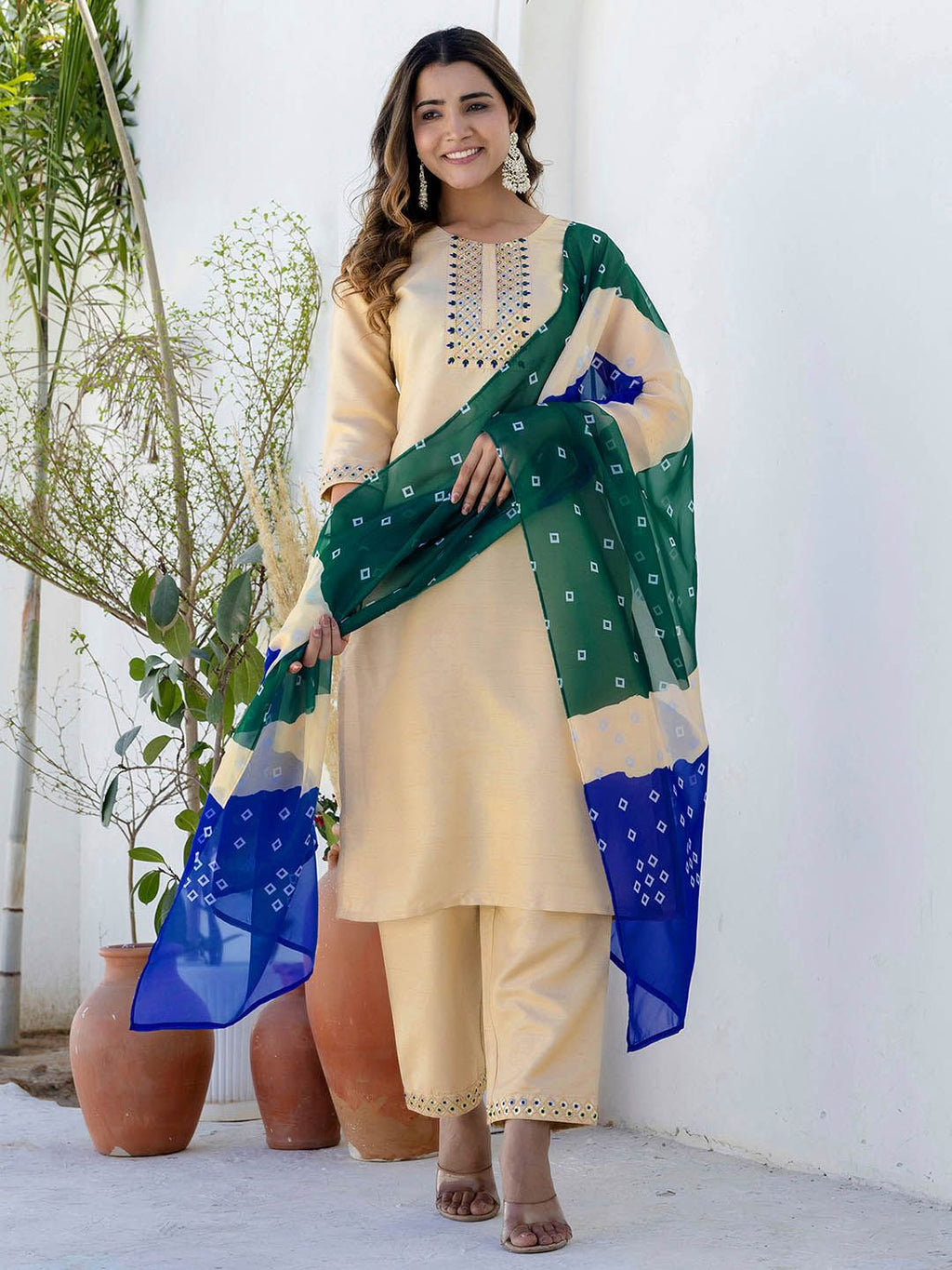 Dhimhi Women's Ethnic Embroidered Sequinned Straight Kurta With Trousers & Dupatta