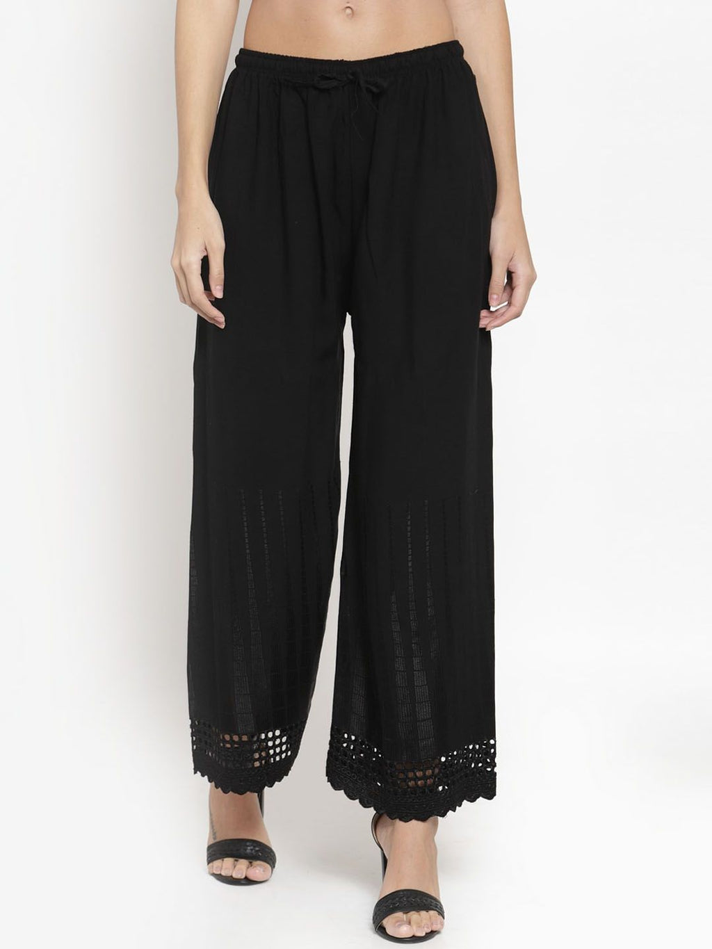 Dhimhi Women's Black Hem Design Straight Palazzos
