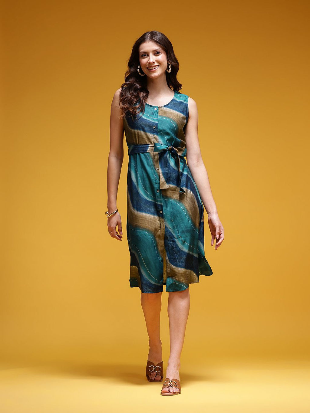 Dhimhi Women's Abstract Print Belted Shirt Dress