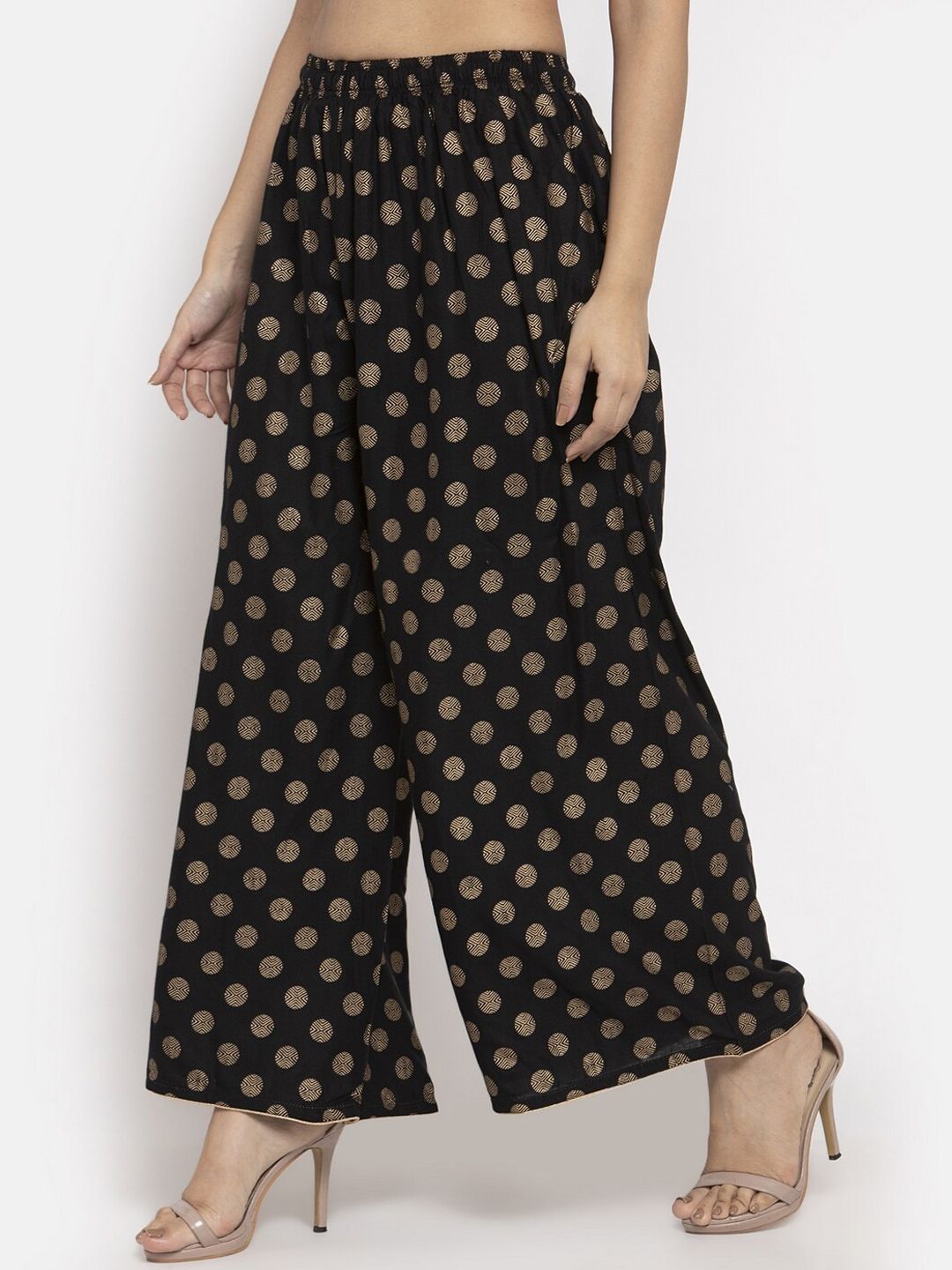 Dhimhi Women's Black & Gold-Toned Polka Dot Print Wide Leg Palazzos