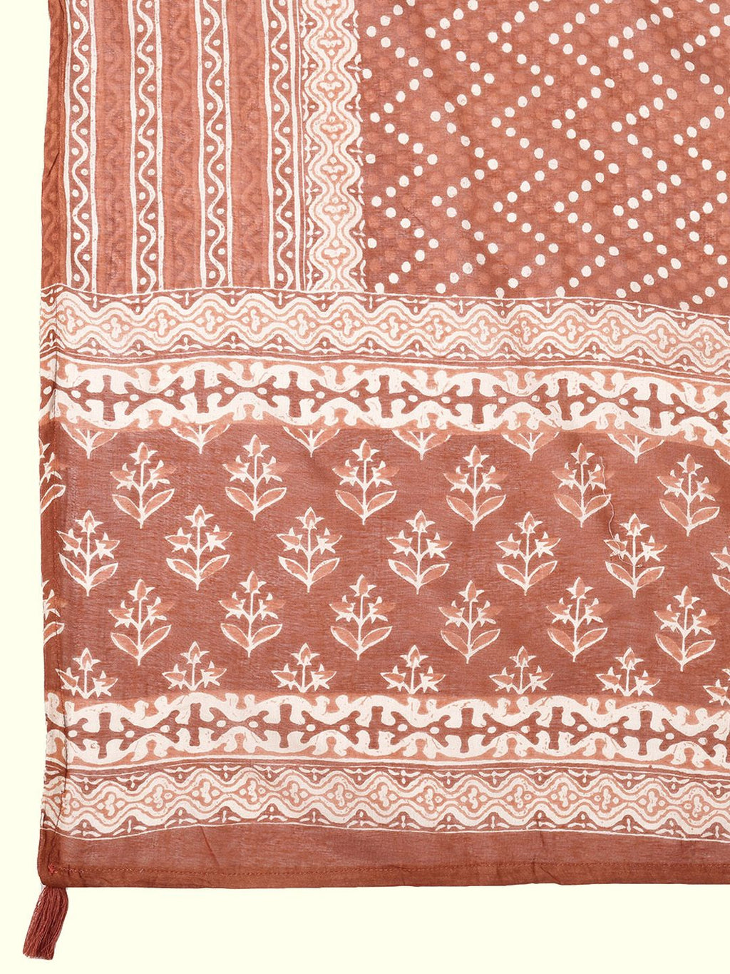 Dhimhi Women's Rust Brown Ethnic Motif Printed Cotton Straight Kurta With Trousers & Dupatta