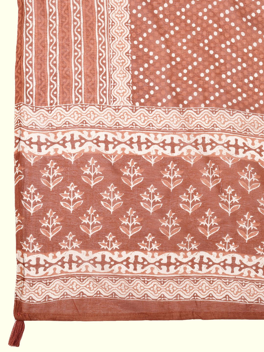 Dhimhi Women's Rust Brown Ethnic Motif Printed Cotton Straight Kurta With Trousers & Dupatta