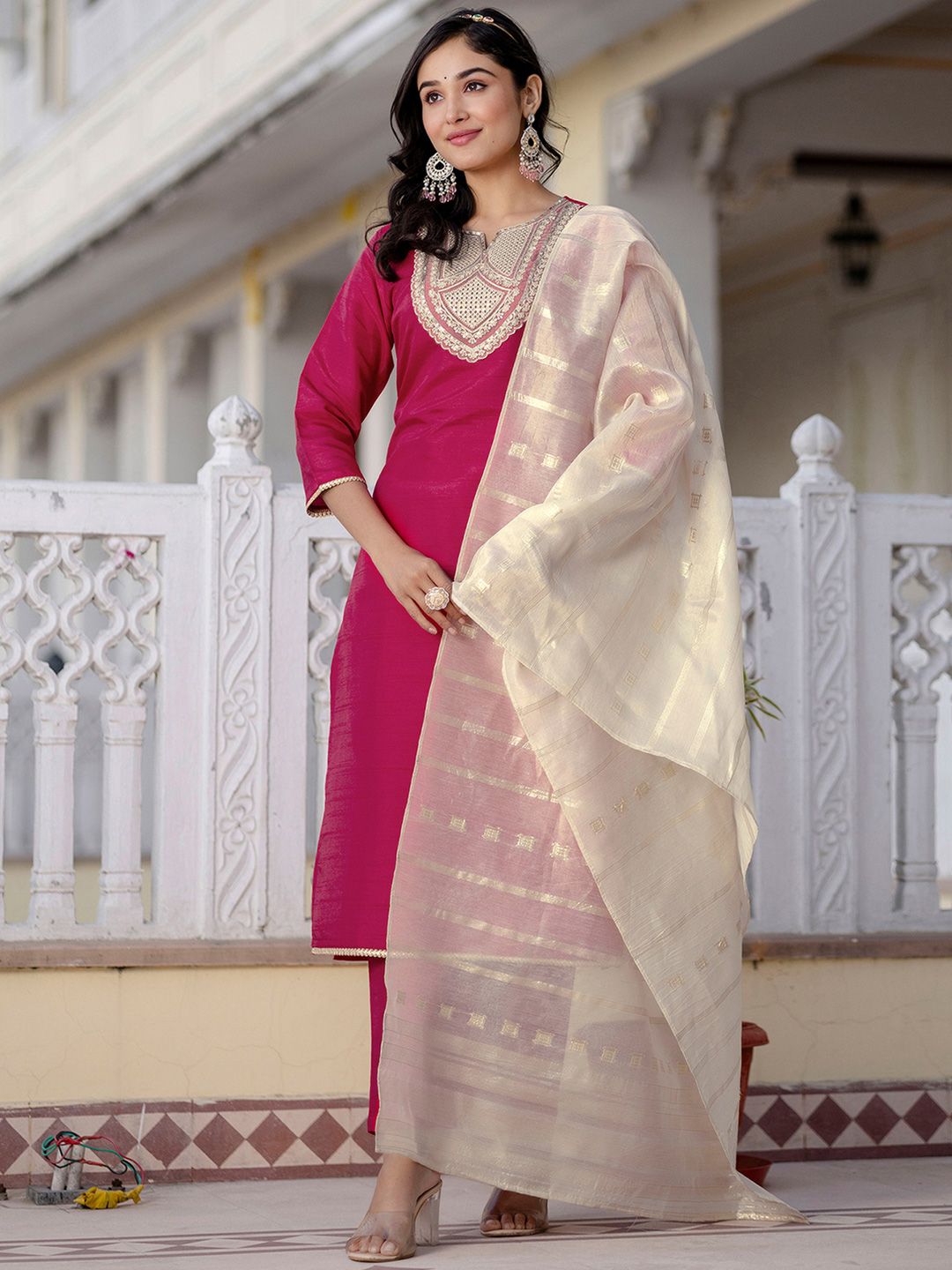 Dhimhi Women's Ethnic Motifs Embroidered Regular Sequinned Kurta with Trousers & With Dupatta - dhimhi