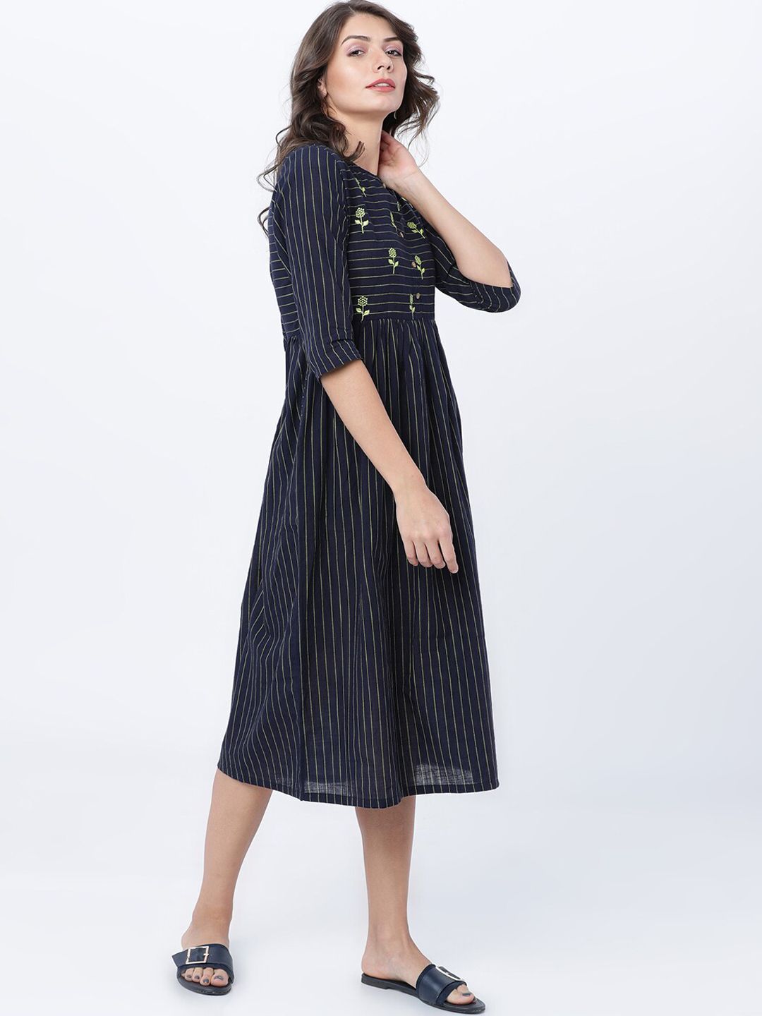 Dhimhi Women's Navy Blue Striped Fit and Flare Dress