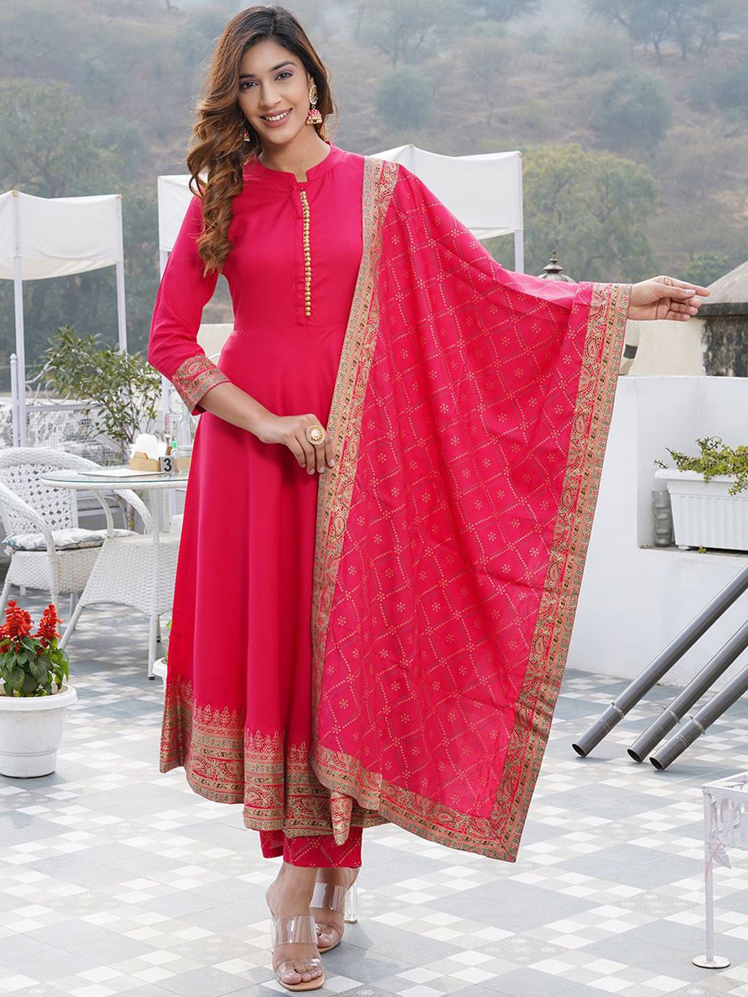 Dhimhi Women's Ethnic Motifs Printed Mandarin Collar Anarkali Kurta with Trouser & Dupatta