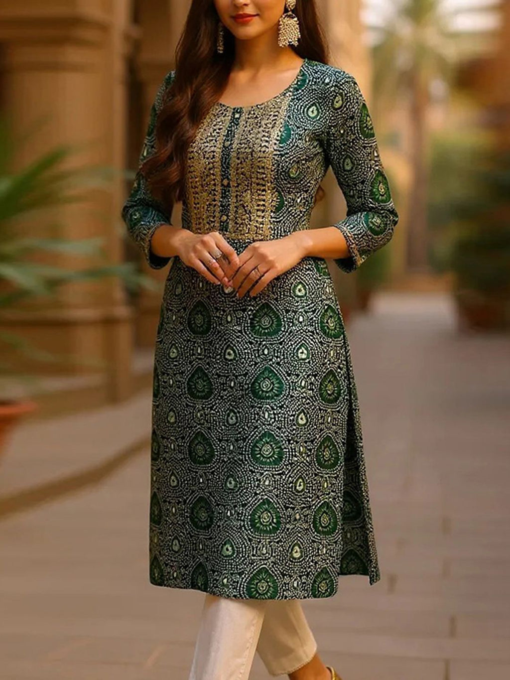 Round Neck Ethnic Motifs Printed Sequinned Kurta