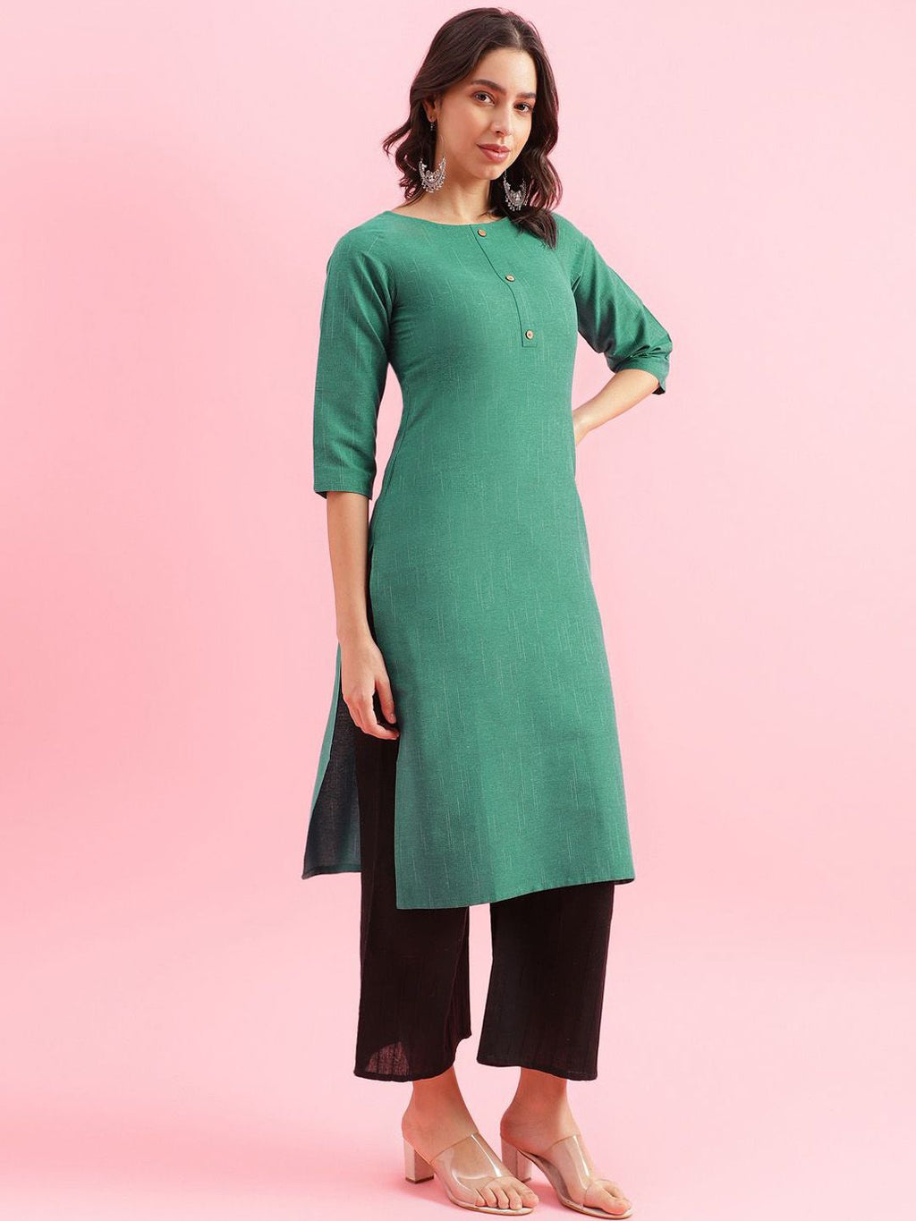 Woven Design Round Neck Straight Kurta